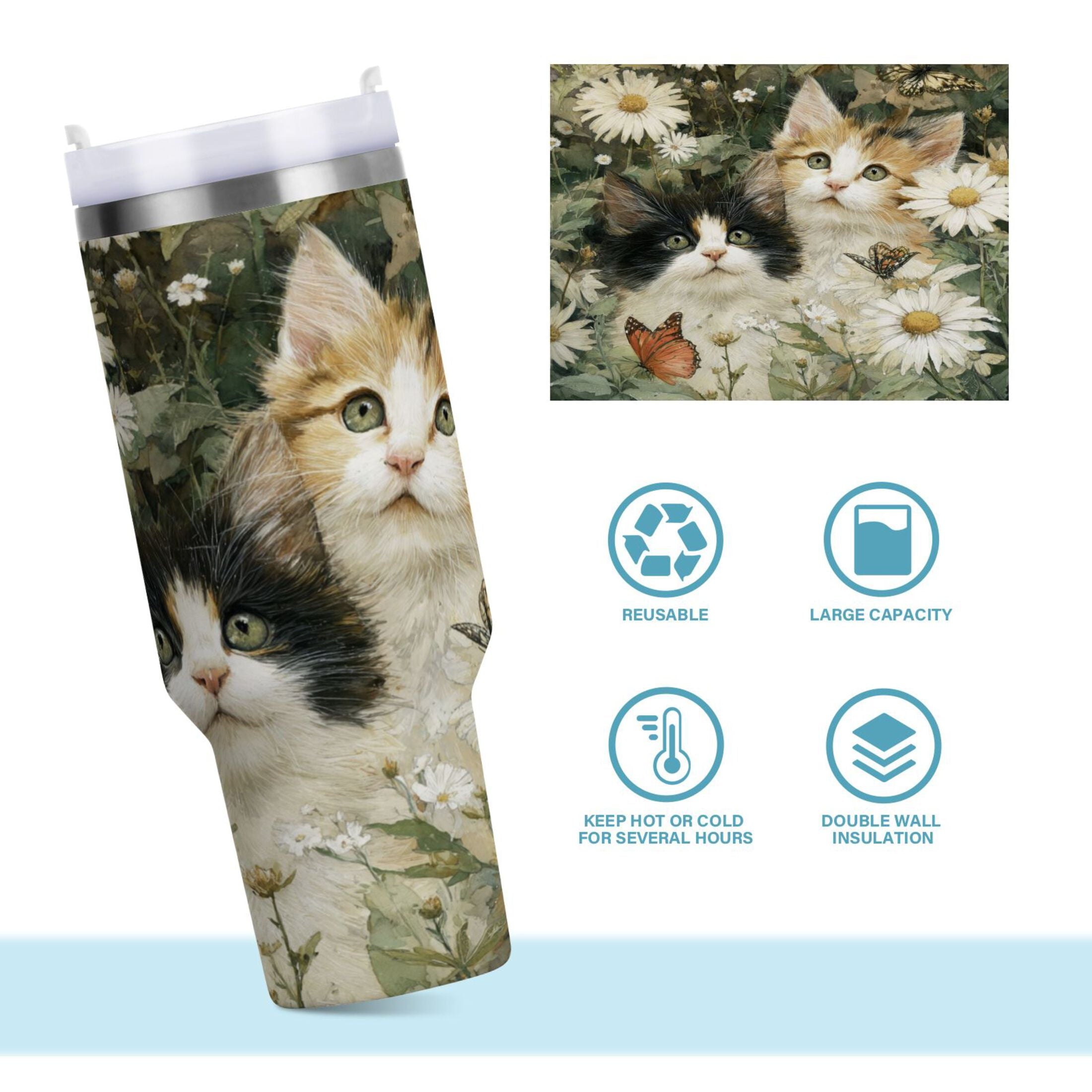 30 oz Insulated Stainless Steel Tumbler Double Wall Stainless Steel Tumbler with 2-Way Drinking Adorable Cats and Daisies - NPCU