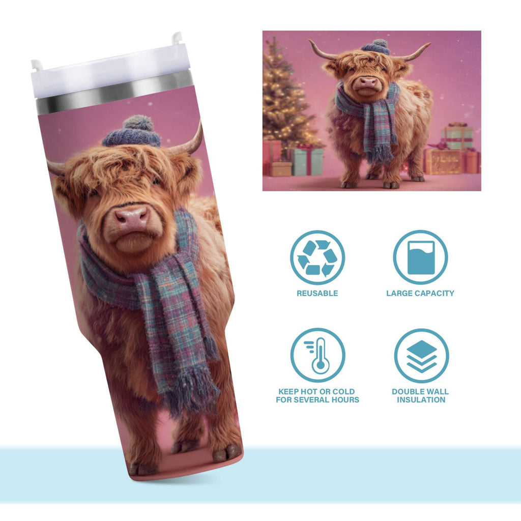 30 oz Insulated Stainless Steel Tumbler Double Wall Stainless Steel Tumbler with 2-Way Drinking Cow Wearing Christmas - UM75
