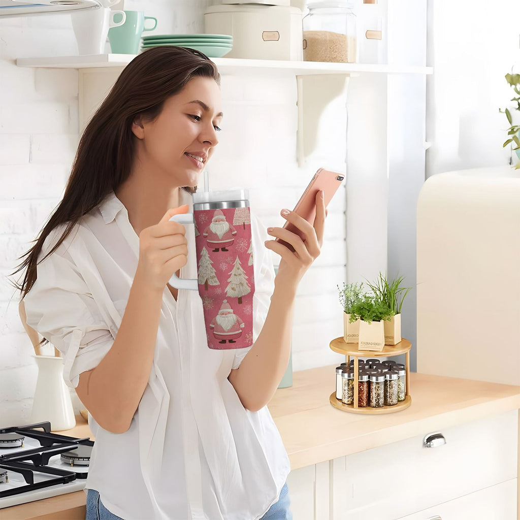 40 oz Insulated Stainless Steel Tumbler Double Wall Stainless Steel Tumbler with 2-Way Drinking Pink Santa Claus Pattern - SZTV