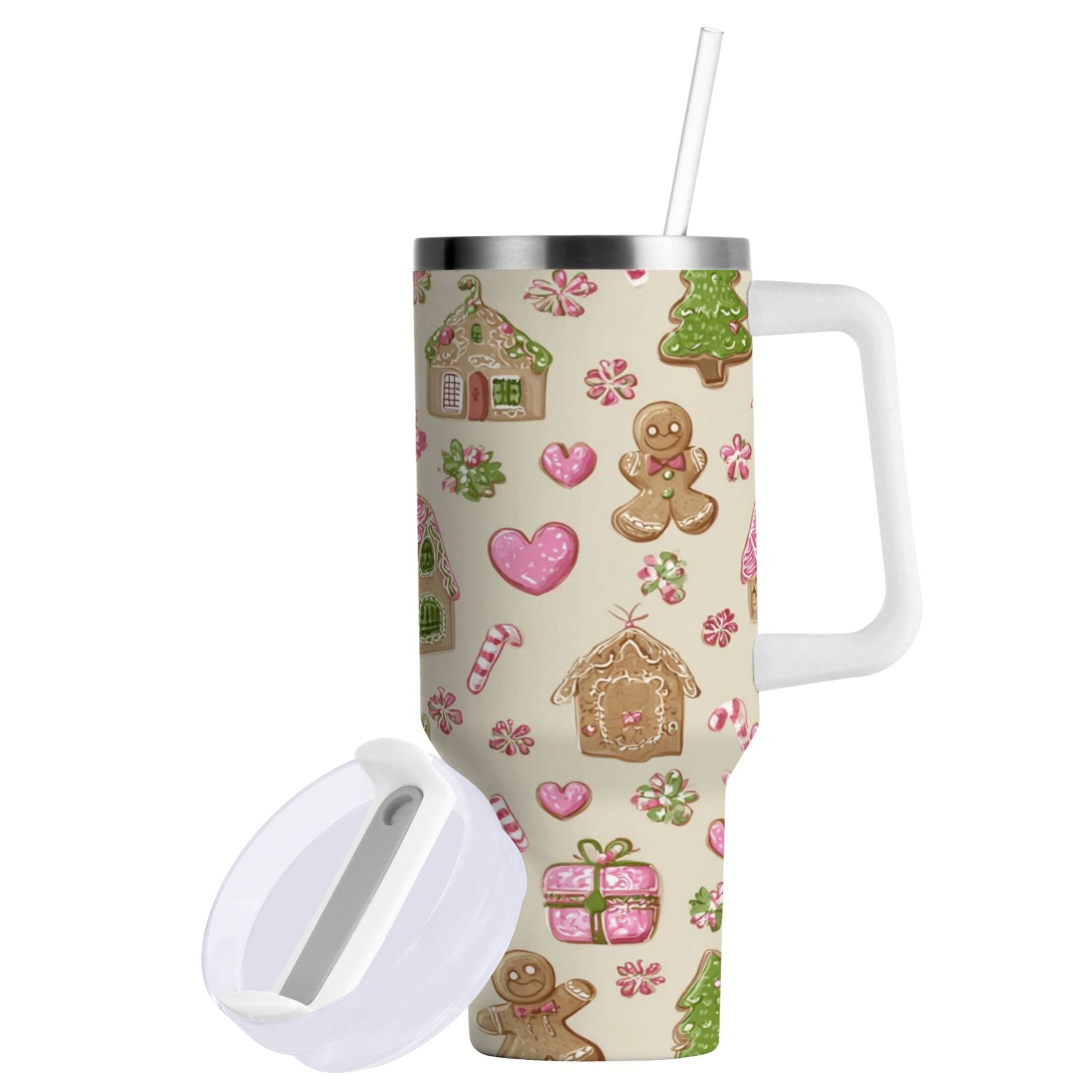 40 oz Insulated Stainless Steel Tumbler Double Wall Stainless Steel Tumbler with 2-Way Drinking Pink Cute Christmas Pattern - 5O69