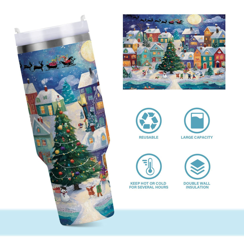 30 oz Insulated Stainless Steel Tumbler Double Wall Stainless Steel Tumbler with 2-Way Drinking Charming Christmas Scene - J7CT