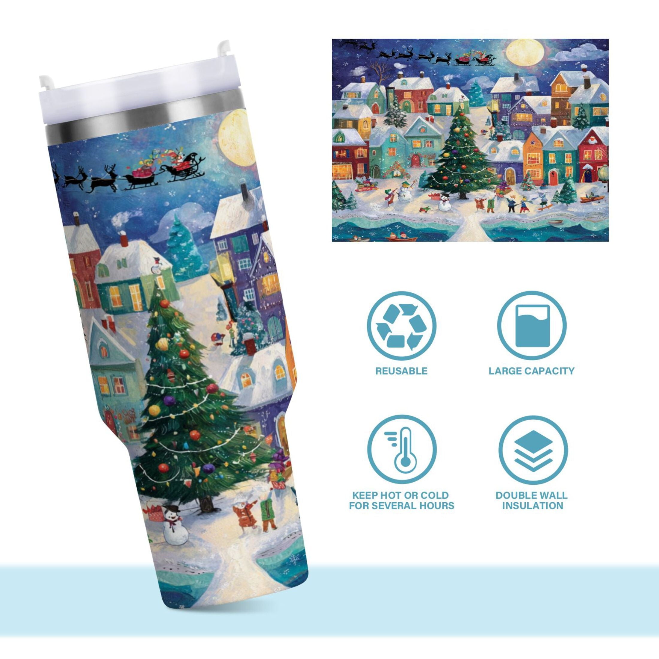 30 oz Insulated Stainless Steel Tumbler Double Wall Stainless Steel Tumbler with 2-Way Drinking Charming Christmas Scene - J7CT