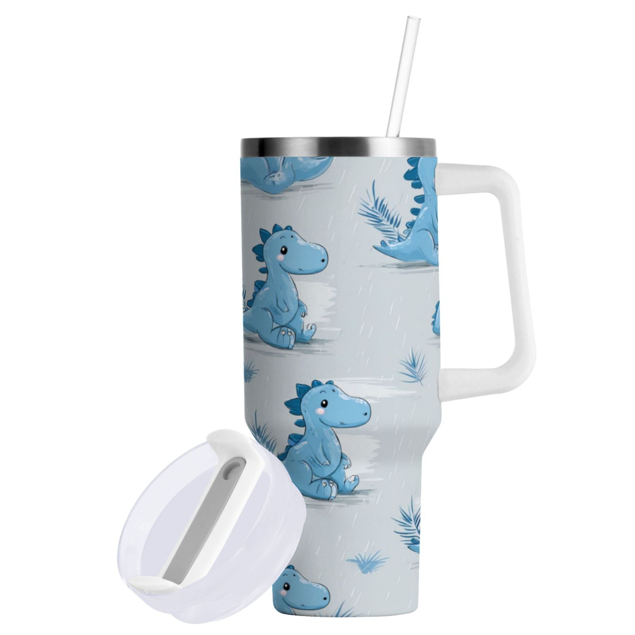 30 oz Insulated Stainless Steel Tumbler Double Wall Stainless Steel Tumbler with 2-Way Drinking Cartoon Blue Dinosaurs - A1AT