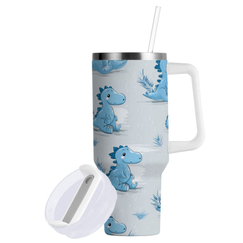 30 oz Insulated Stainless Steel Tumbler Double Wall Stainless Steel Tumbler with 2-Way Drinking Cartoon Blue Dinosaurs - A1AT