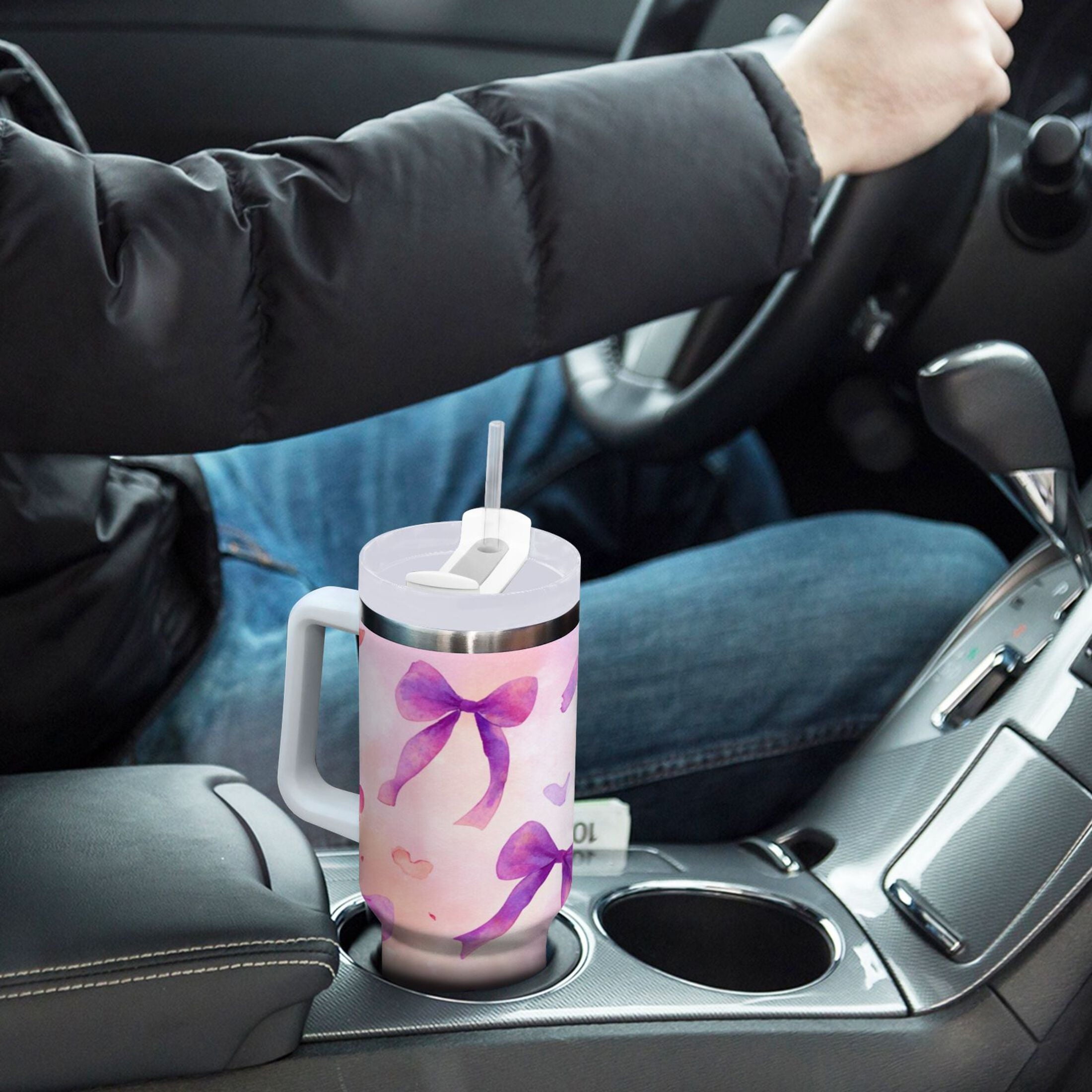 30 oz Insulated Stainless Steel Tumbler Double Wall Stainless Steel Tumbler with 2-Way Drinking Watercolor Purple Bows - Q3ZJ