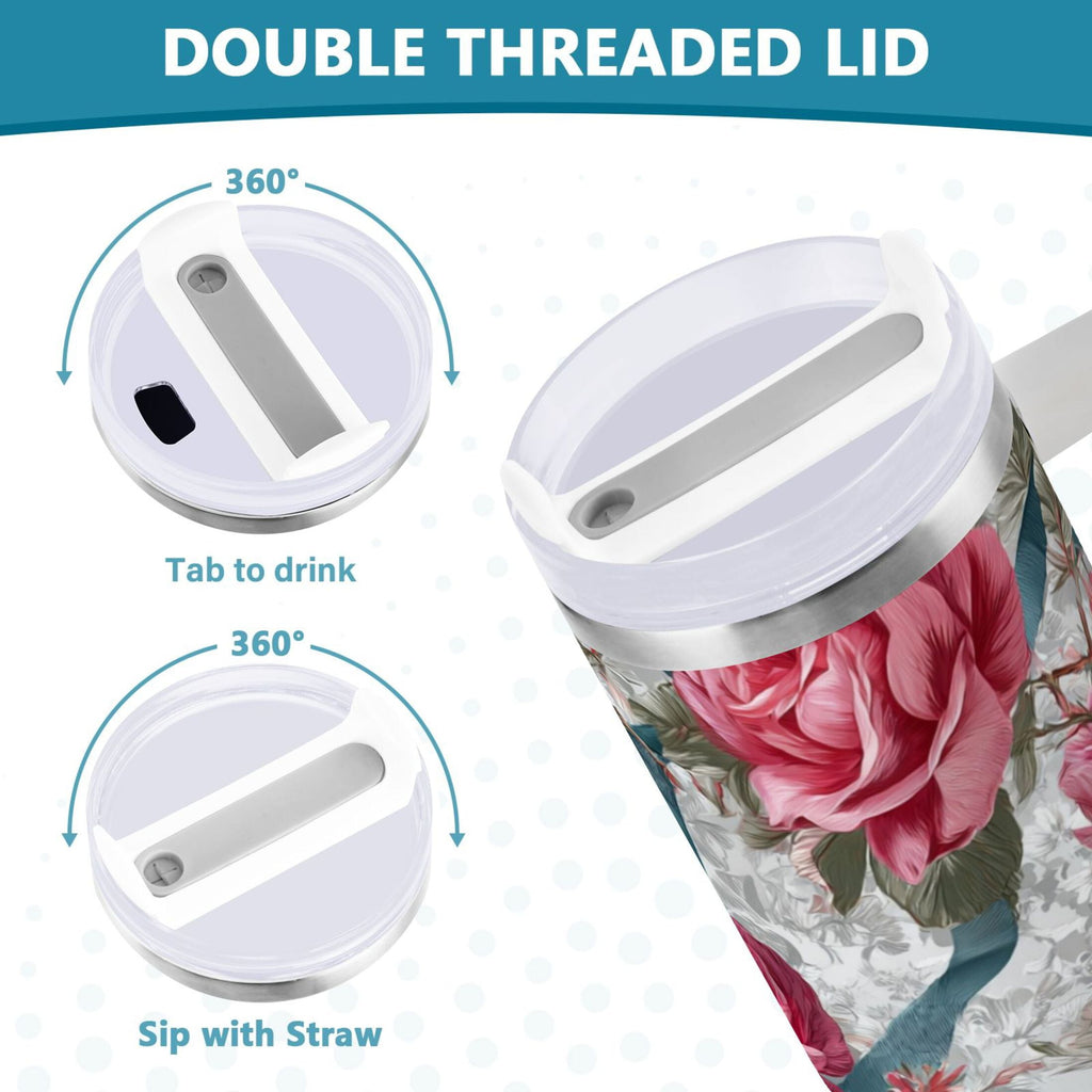 30 oz Insulated Stainless Steel Tumbler Double Wall Stainless Steel Tumbler with 2-Way Drinking Roses and Ribbons - 75RK