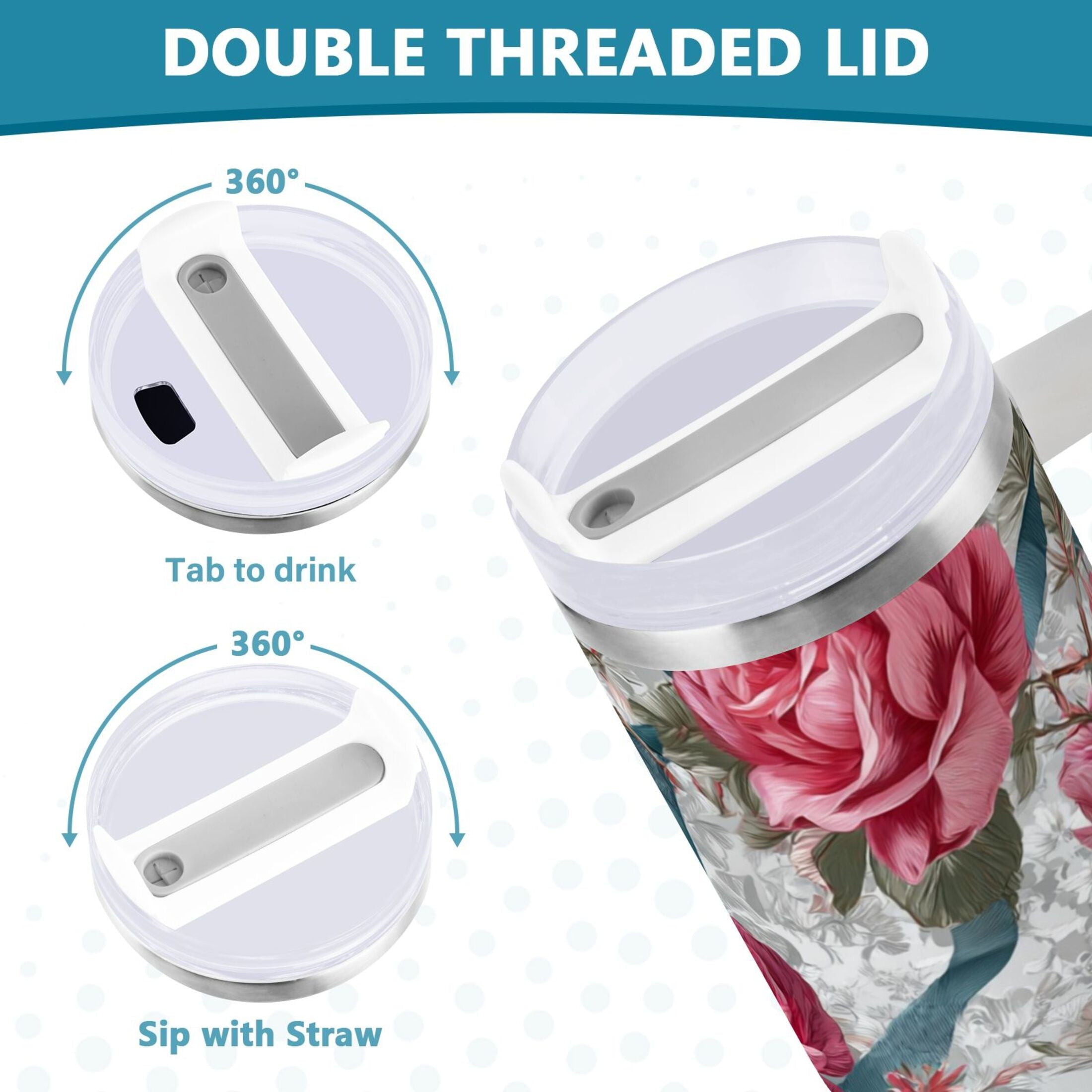30 oz Insulated Stainless Steel Tumbler Double Wall Stainless Steel Tumbler with 2-Way Drinking Roses and Ribbons - 75RK