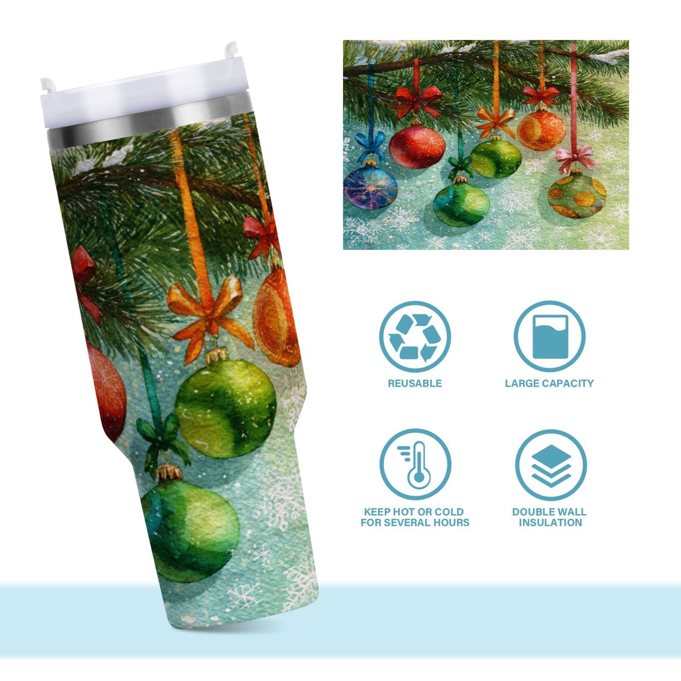 30 oz Insulated Stainless Steel Tumbler Double Wall Stainless Steel Tumbler with 2-Way Drinking Christmas Ornaments Watercolor Painting - D7TJ