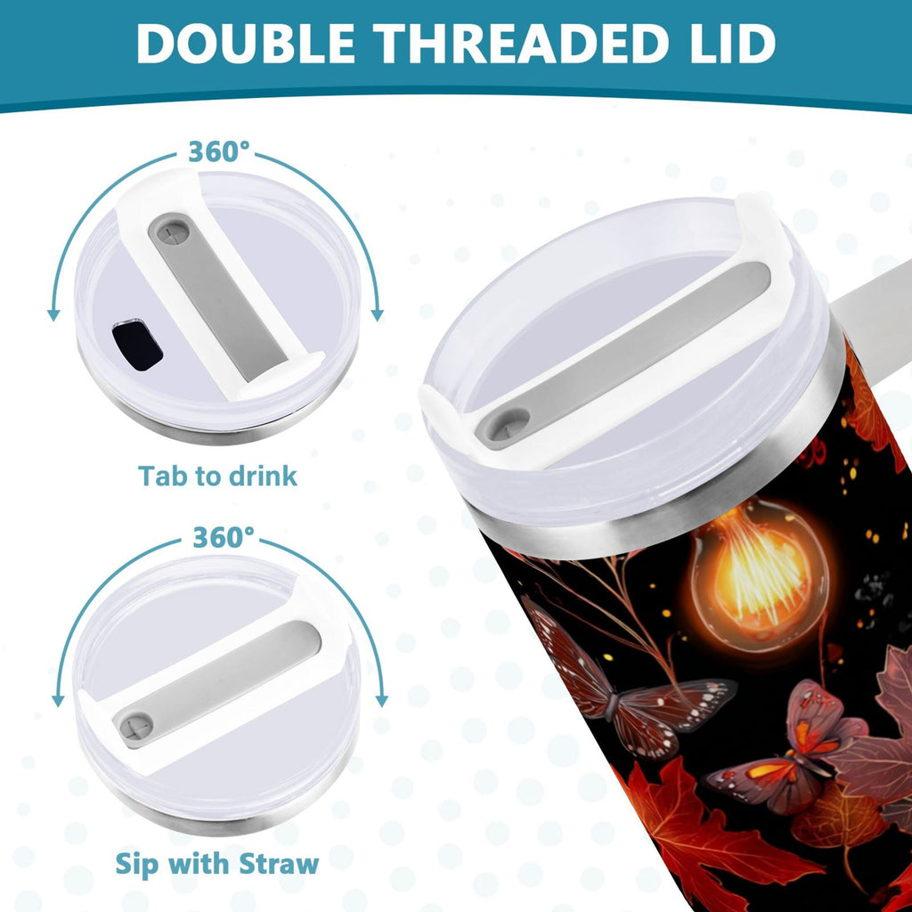 40 oz Insulated Stainless Steel Tumbler Double Wall Stainless Steel Tumbler with 2-Way Drinking Light Bulbs and Maple Leaves - Q0NQ