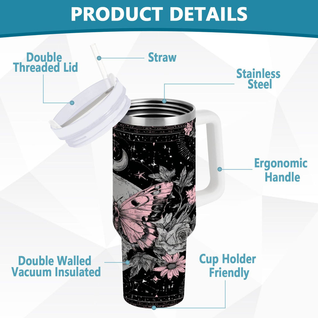30 oz Insulated Stainless Steel Tumbler Double Wall Stainless Steel Tumbler with 2-Way Drinking Butterfly by Moon and Flowers - AR3P