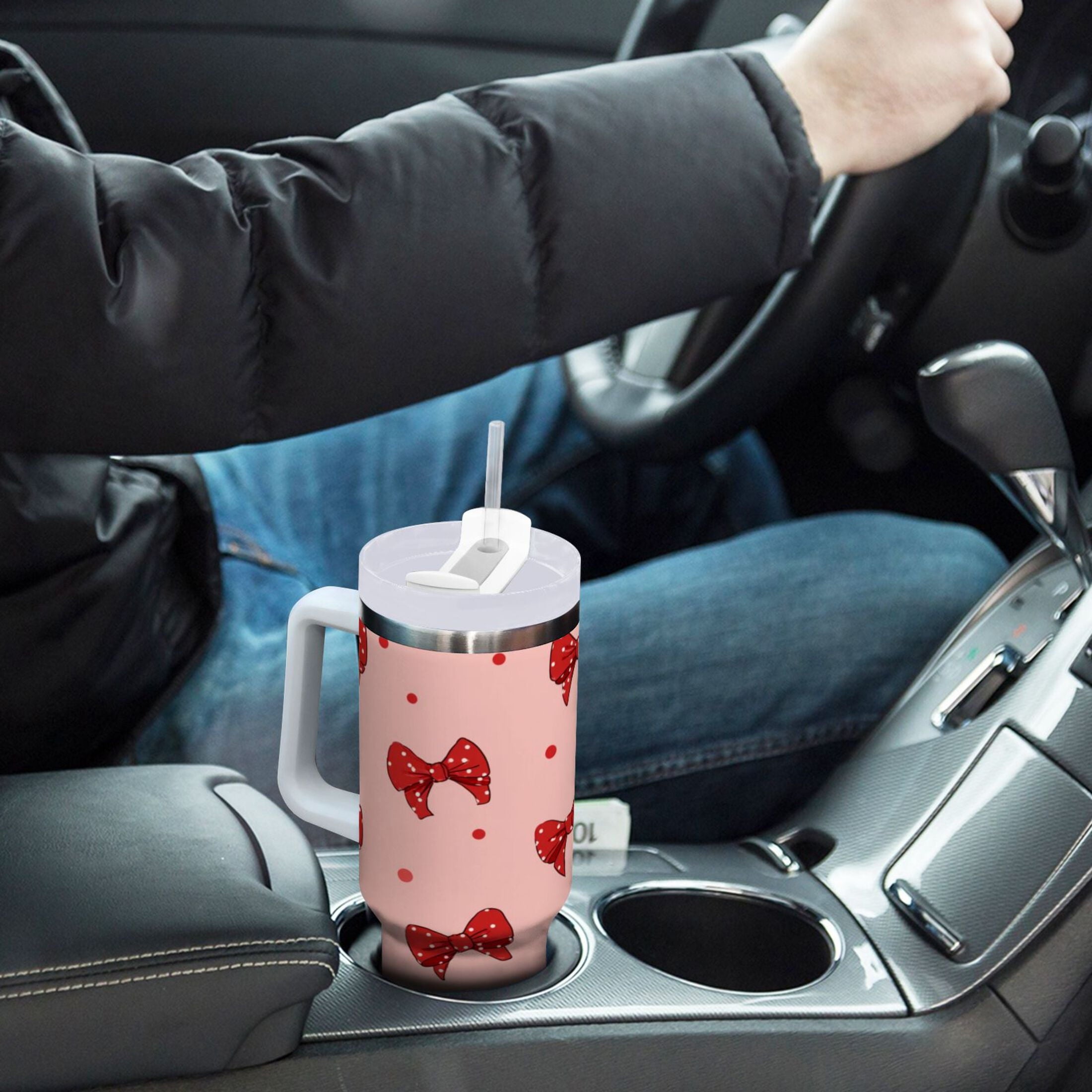 40 oz Insulated Stainless Steel Tumbler Double Wall Stainless Steel Tumbler with 2-Way Drinking Red Bows and Polka Dots - 3CF0