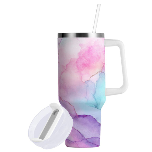 30 oz Insulated Stainless Steel Tumbler Double Wall Stainless Steel Tumbler with 2-Way Drinking Pastel Pink Marble Texture - IXQ0