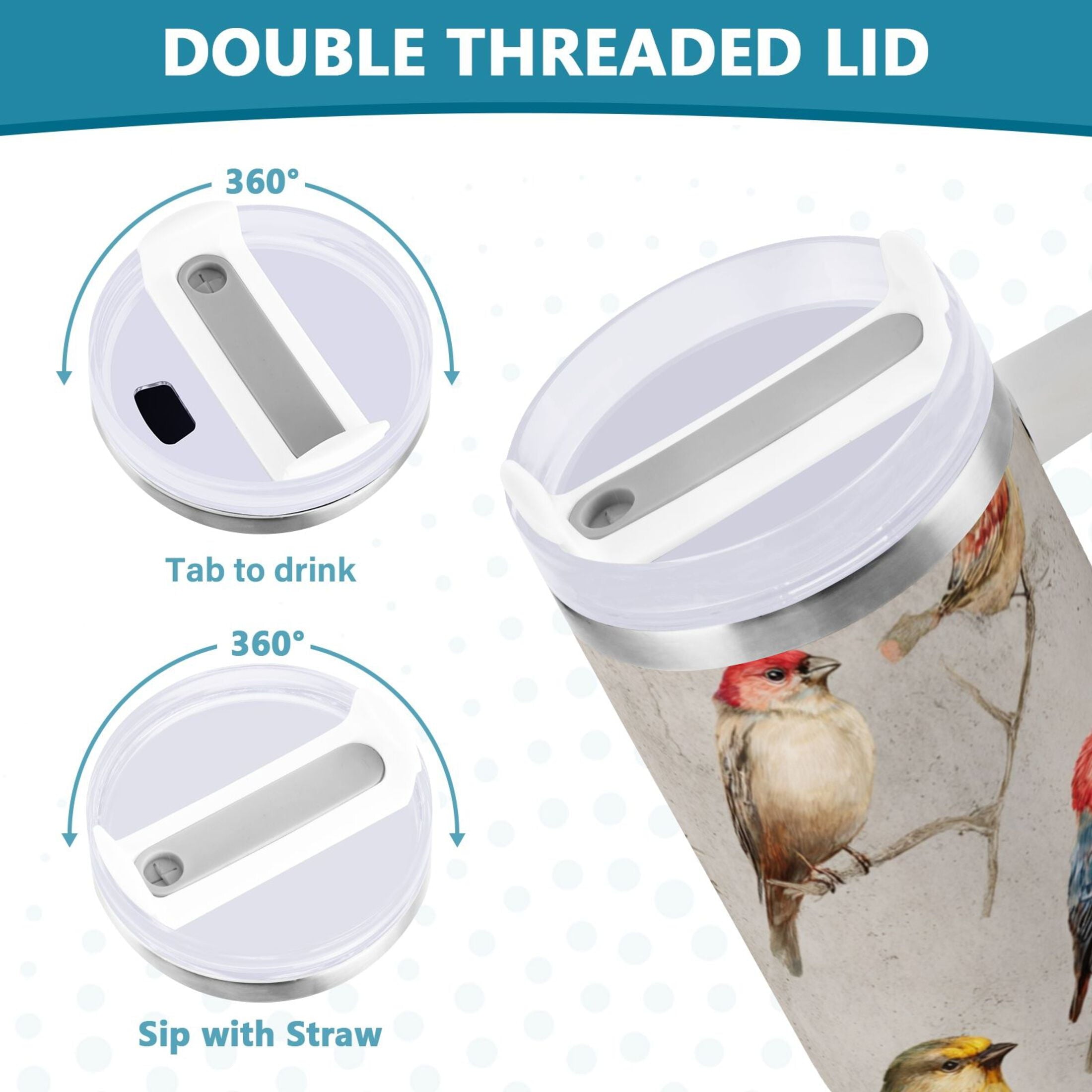 40 oz Insulated Stainless Steel Tumbler Double Wall Stainless Steel Tumbler with 2-Way Drinking Birds Pattern - 6NG8