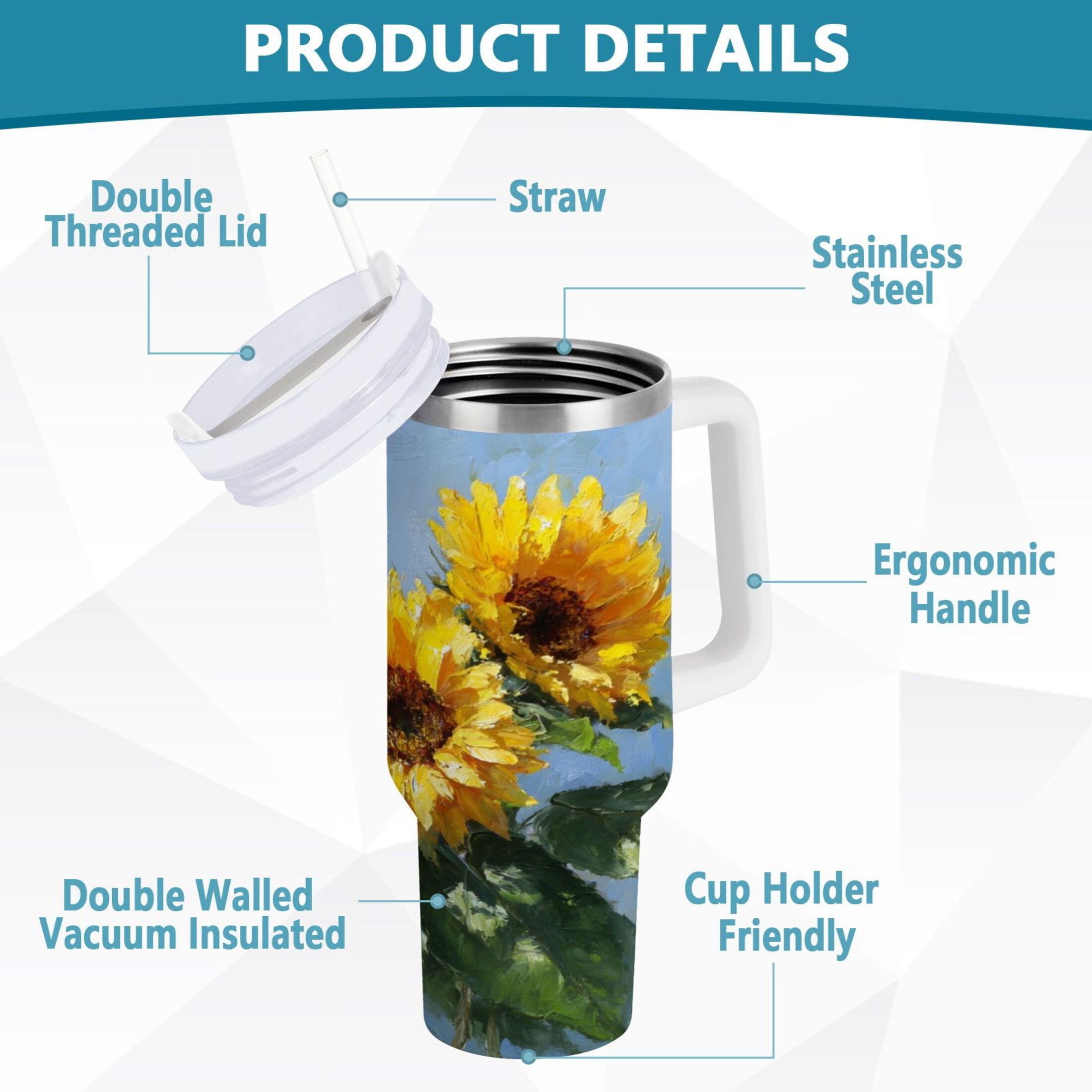 40 oz Insulated Stainless Steel Tumbler Double Wall Stainless Steel Tumbler with 2-Way Drinking Sunflowers Painting - Y4M0