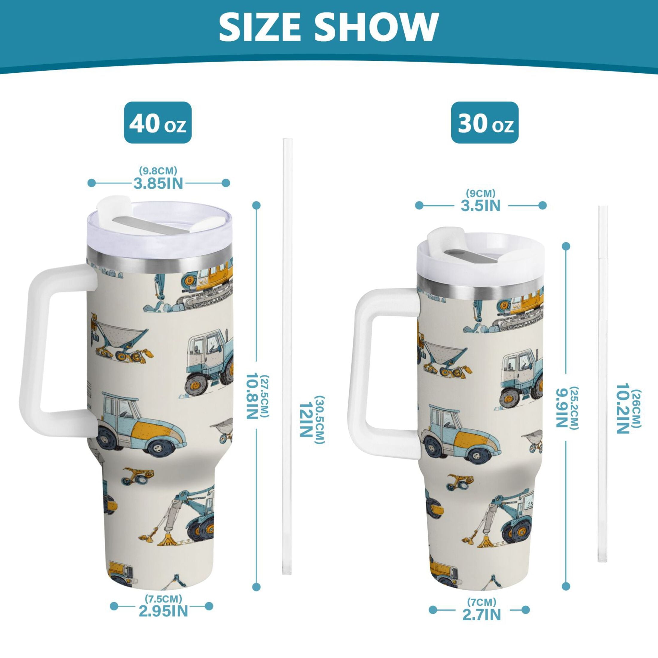 30 oz Insulated Stainless Steel Tumbler Double Wall Stainless Steel Tumbler with 2-Way Drinking Engineering Vehicle Pattern - 0OK9