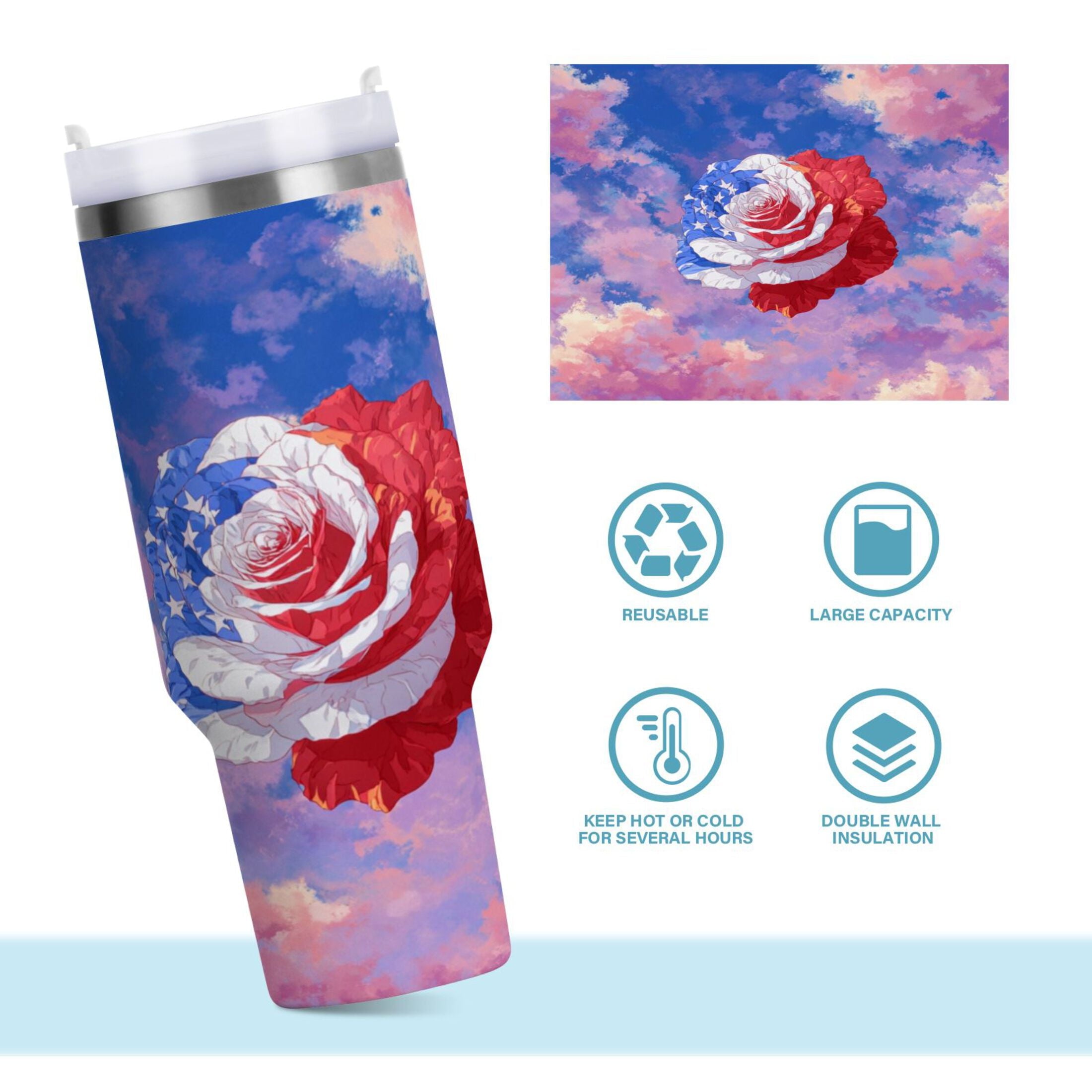 30 oz Insulated Stainless Steel Tumbler Double Wall Stainless Steel Tumbler with 2-Way Drinking Rose with Flag Pattern - NO9C