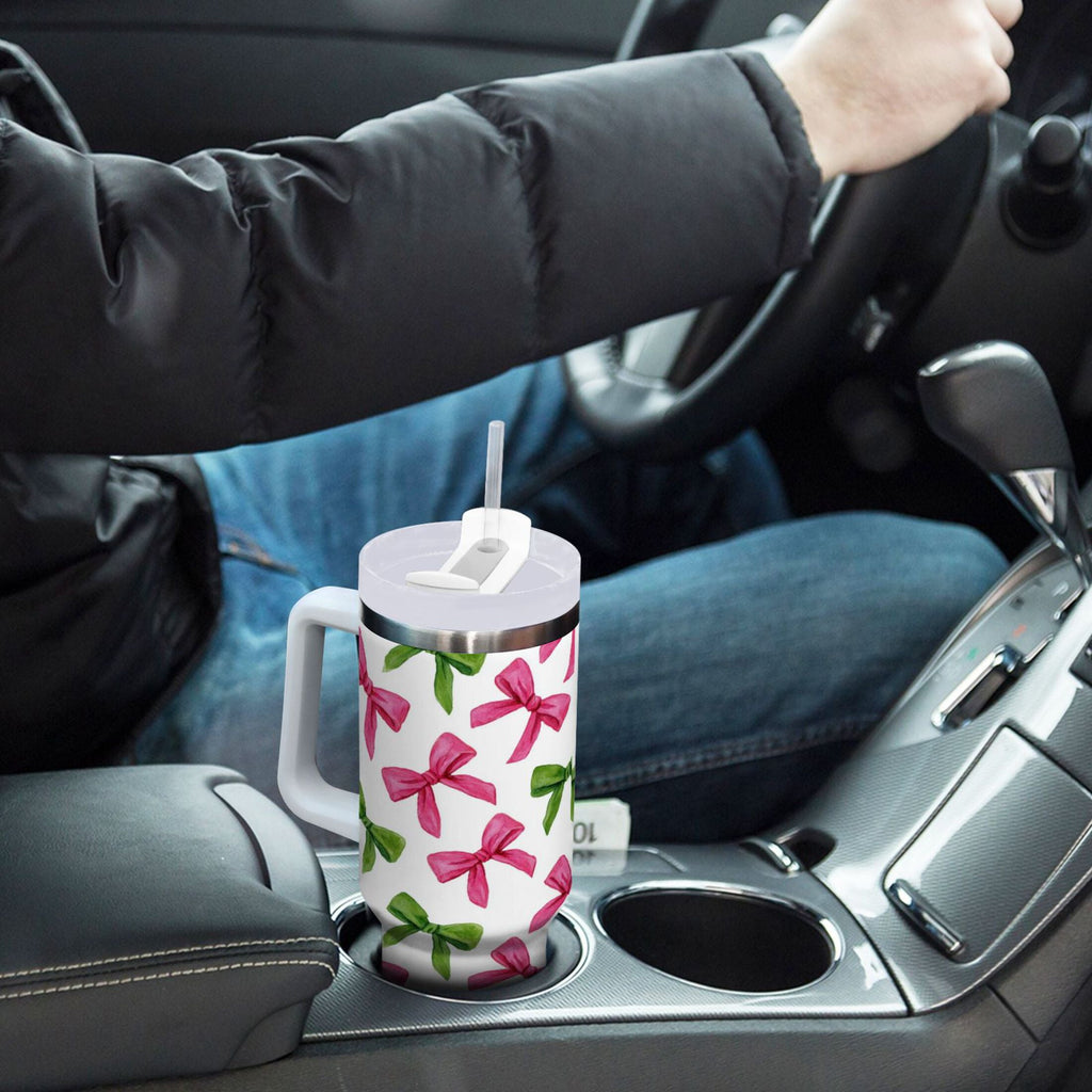 30 oz Insulated Stainless Steel Tumbler Double Wall Stainless Steel Tumbler with 2-Way Drinking Pink Bows and Green Ribbons - I8I8