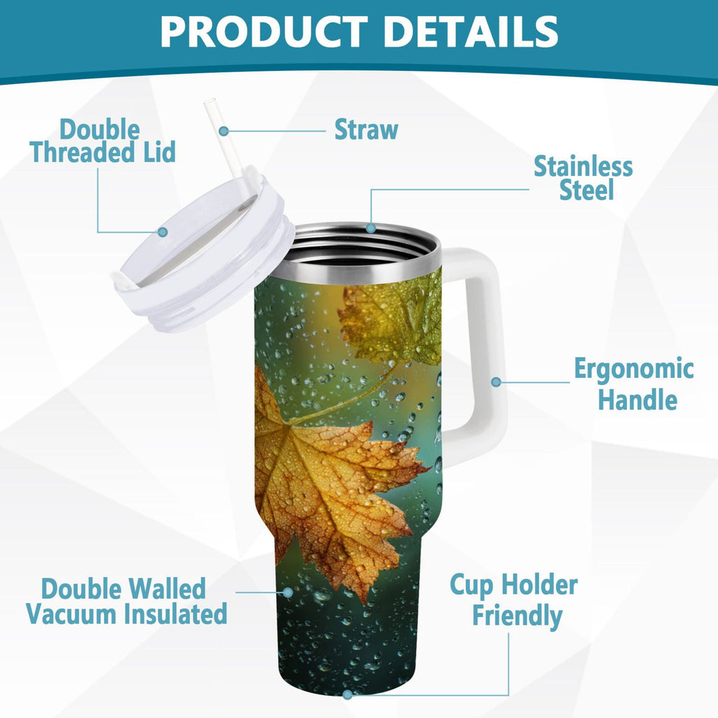30 oz Insulated Stainless Steel Tumbler Double Wall Stainless Steel Tumbler with 2-Way Drinking Leaves with Water Droplets - 57M5