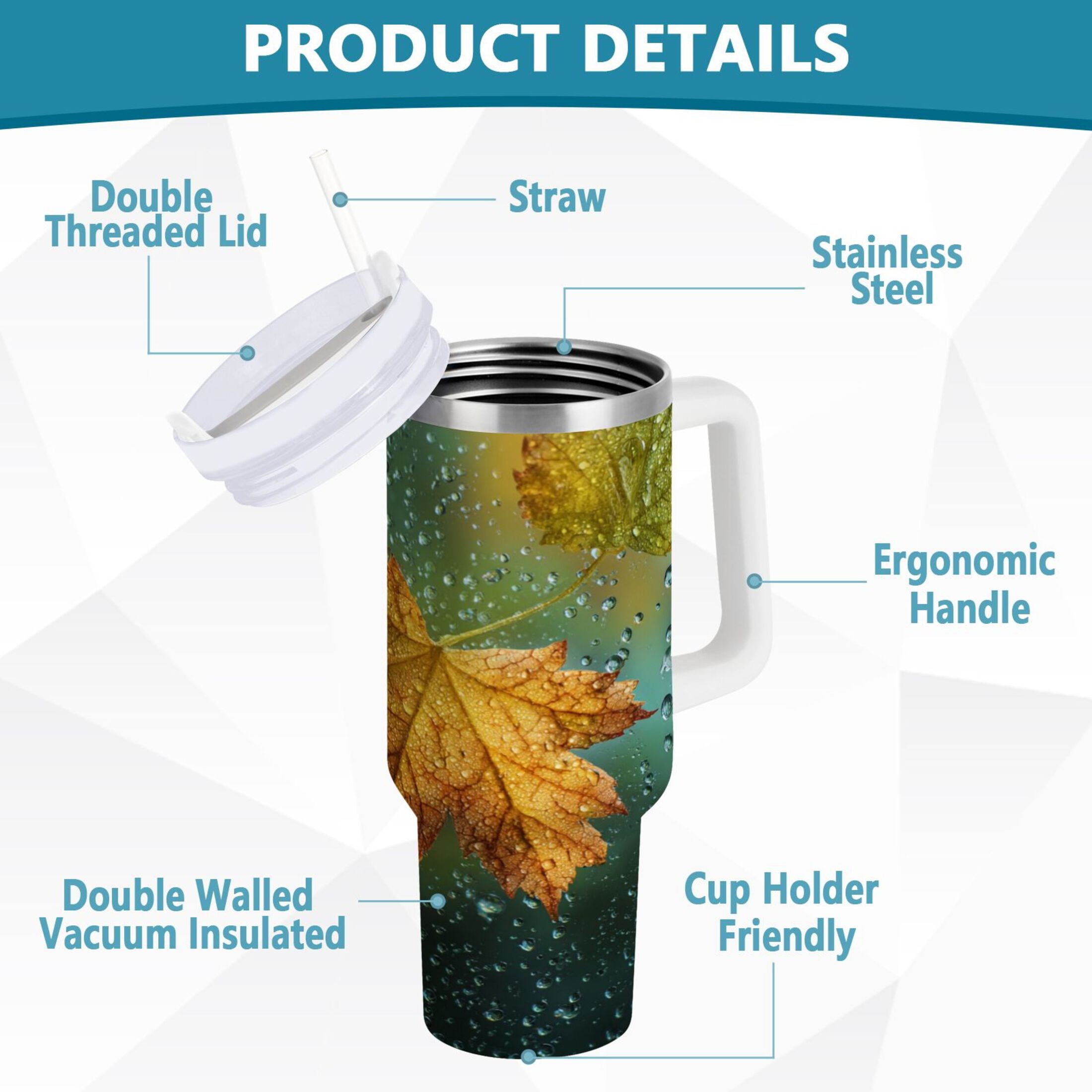 30 oz Insulated Stainless Steel Tumbler Double Wall Stainless Steel Tumbler with 2-Way Drinking Leaves with Water Droplets - 57M5