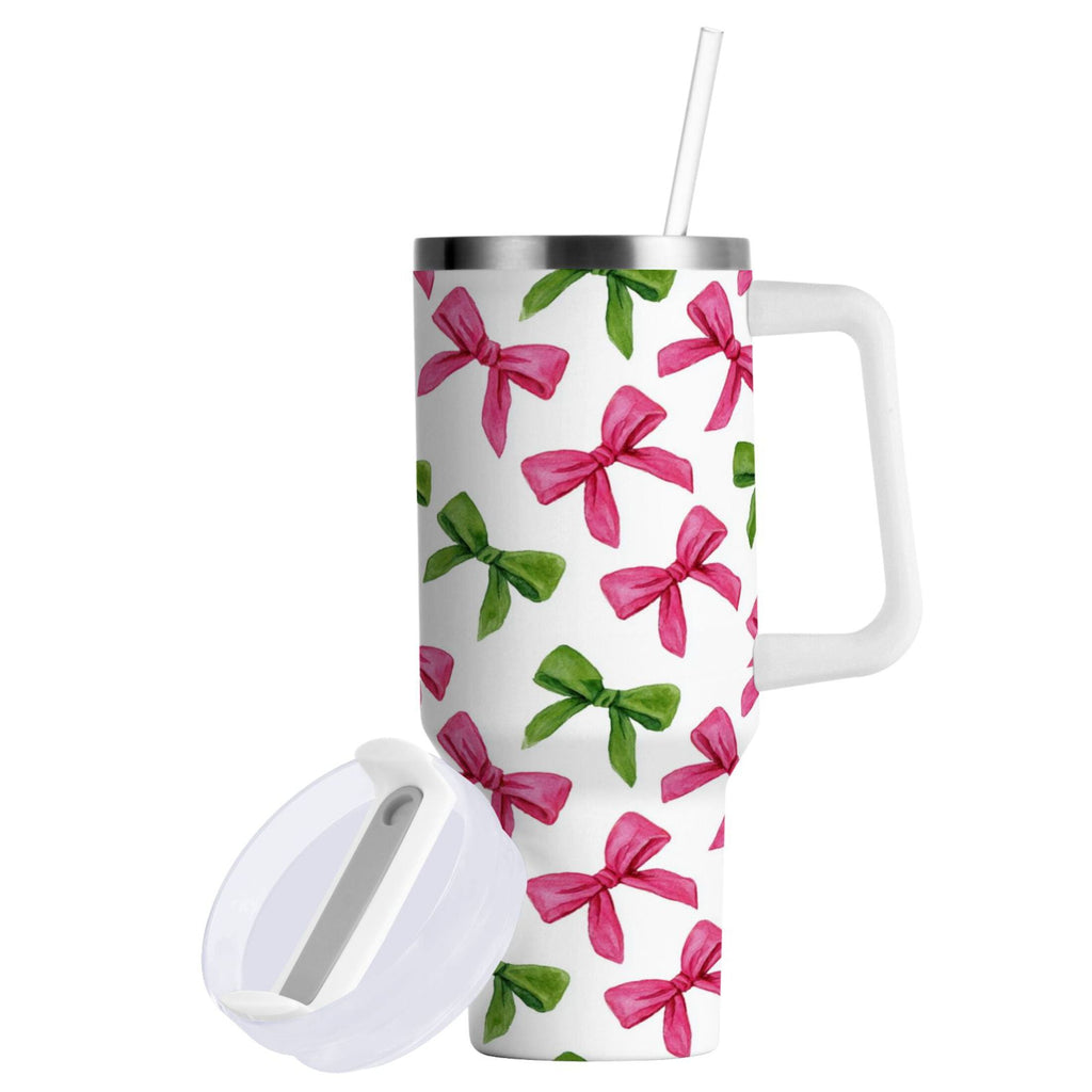 30 oz Insulated Stainless Steel Tumbler Double Wall Stainless Steel Tumbler with 2-Way Drinking Pink Bows and Green Ribbons - I8I8
