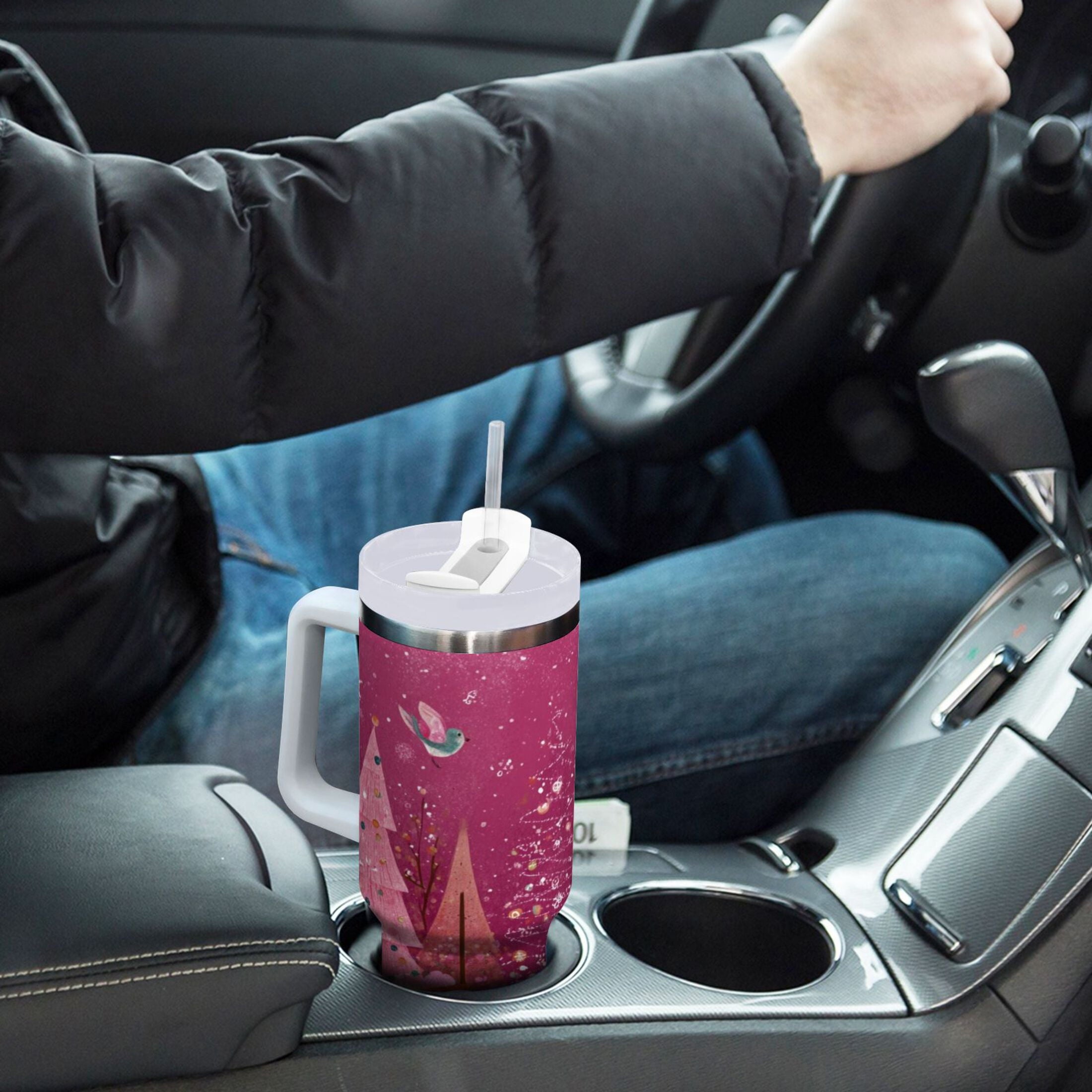 40 oz Insulated Stainless Steel Tumbler Double Wall Stainless Steel Tumbler with 2-Way Drinking Pink Christmas Forest - CEY3