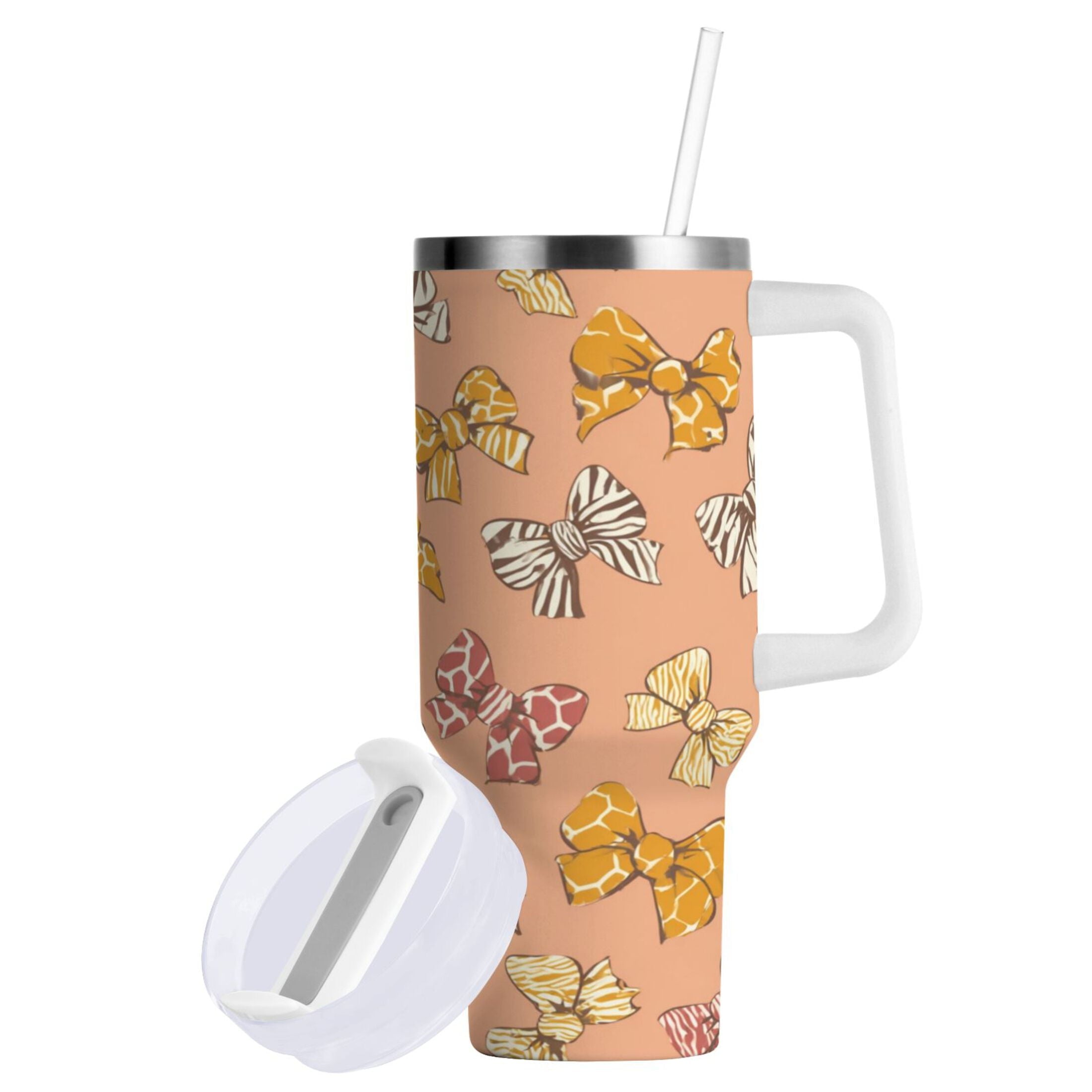40 oz Insulated Stainless Steel Tumbler Double Wall Stainless Steel Tumbler with 2-Way Drinking Cute Animal Print Bows - FW5V