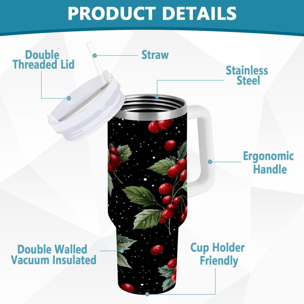 40 oz Insulated Stainless Steel Tumbler Double Wall Stainless Steel Tumbler with 2-Way Drinking Red Holly Berries Pattern - 130P