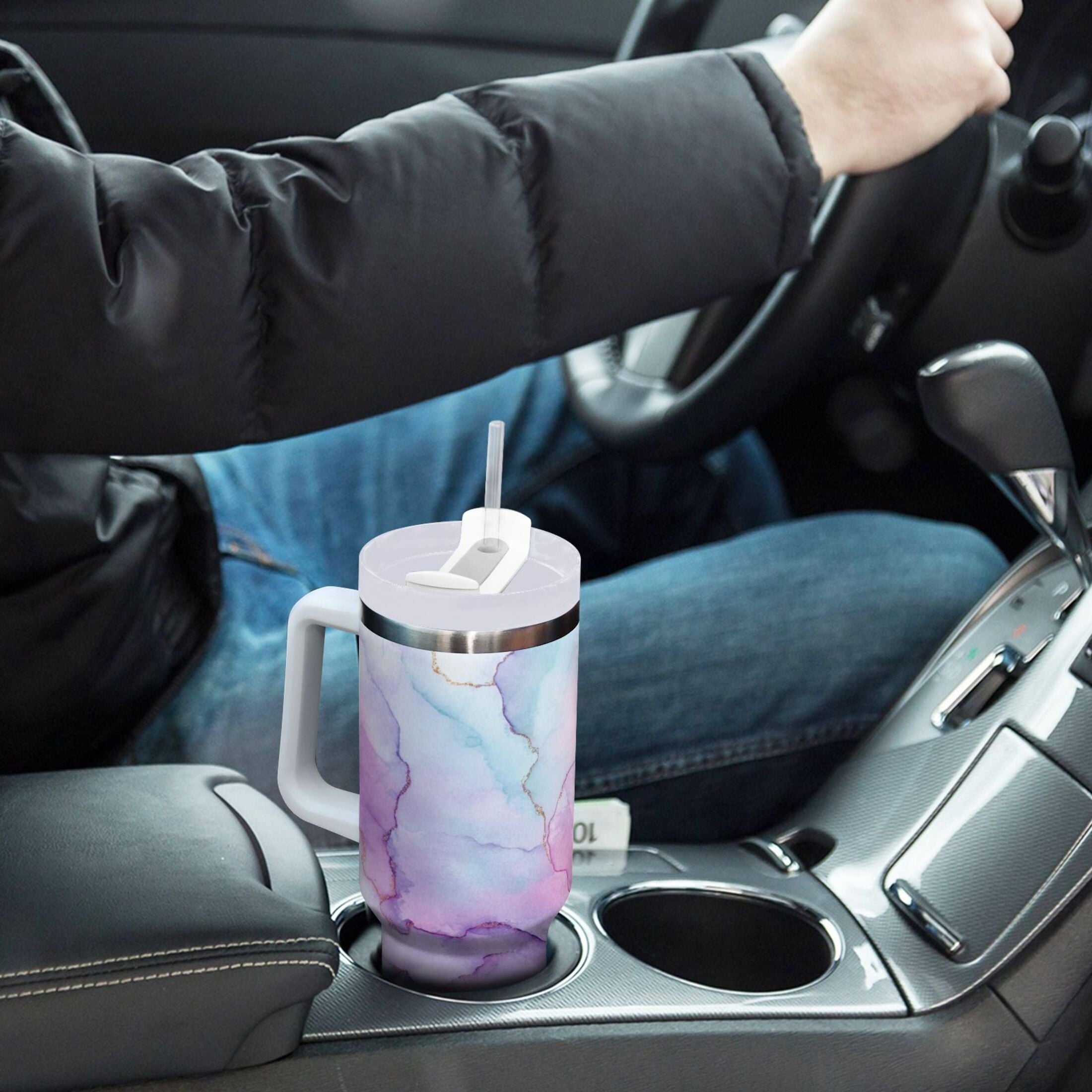30 oz Insulated Stainless Steel Tumbler Double Wall Stainless Steel Tumbler with 2-Way Drinking Pastel Pink Marble Texture - IXQ0
