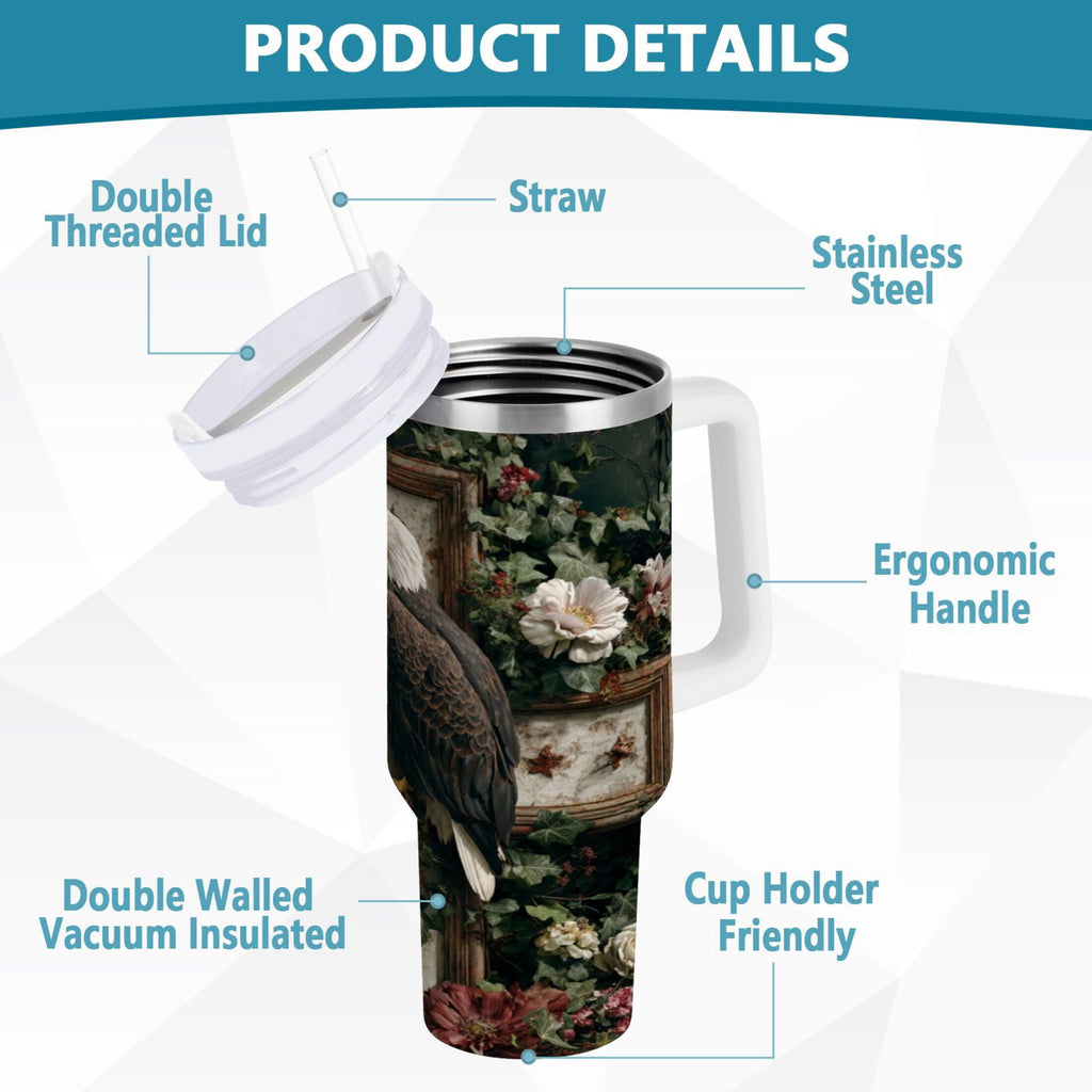 30 oz Insulated Stainless Steel Tumbler Double Wall Stainless Steel Tumbler with 2-Way Drinking Wreath and Bald Eagle - RPQ0