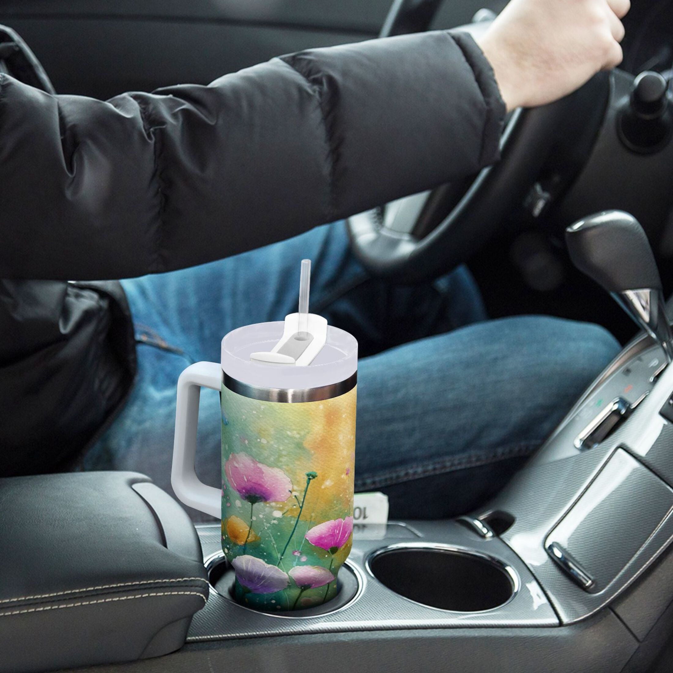 30 oz Insulated Stainless Steel Tumbler Double Wall Stainless Steel Tumbler with 2-Way Drinking Watercolor Wildflowers - IP78