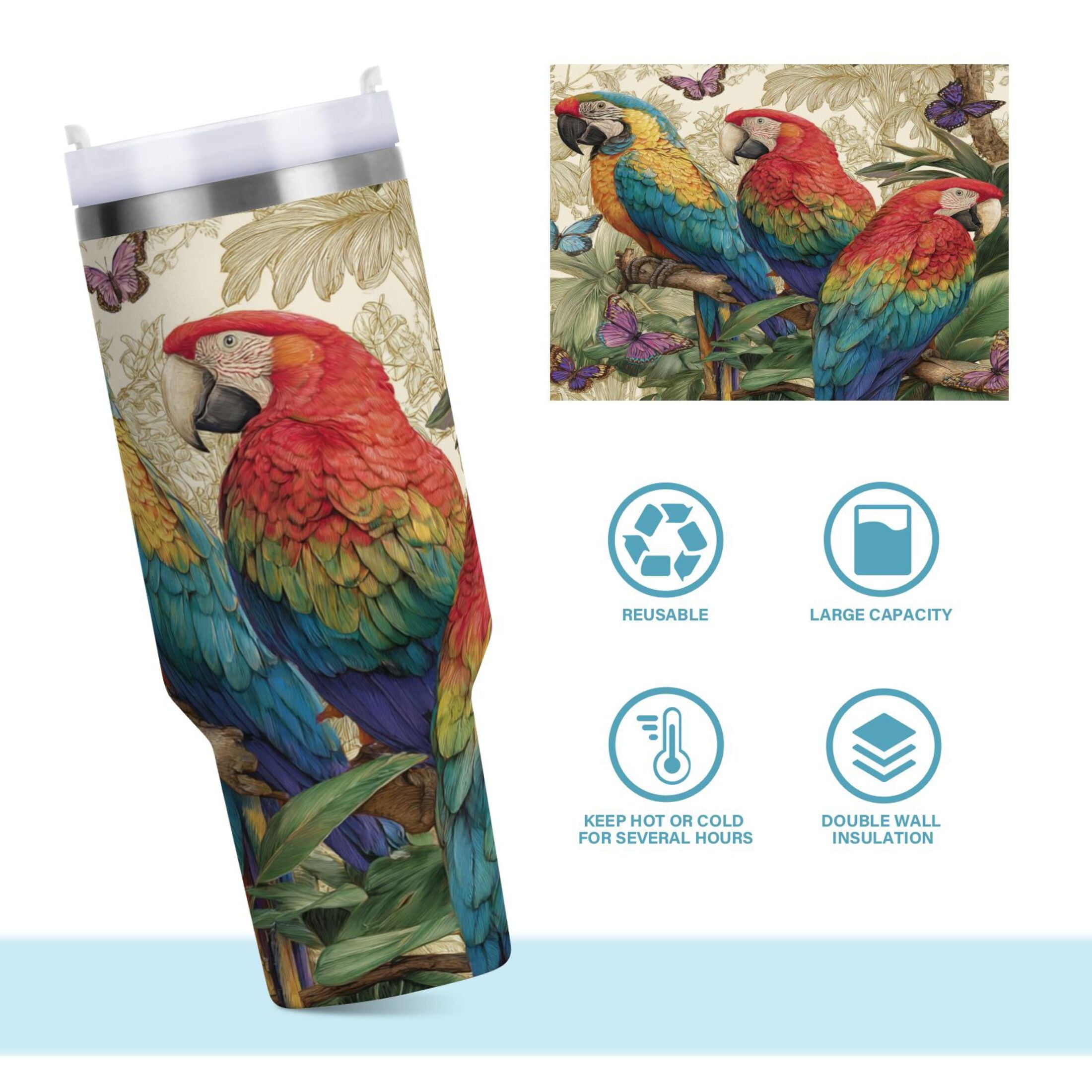 30 oz Insulated Stainless Steel Tumbler Double Wall Stainless Steel Tumbler with 2-Way Drinking Colorful Beautiful Parrots - SJFC