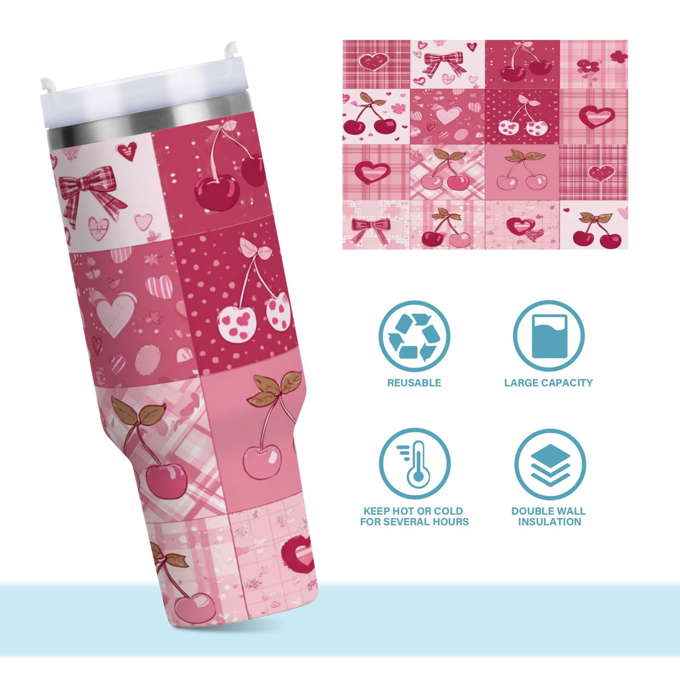 30 oz Insulated Stainless Steel Tumbler Double Wall Stainless Steel Tumbler with 2-Way Drinking Cherry Pattern with Bows - DQ2J