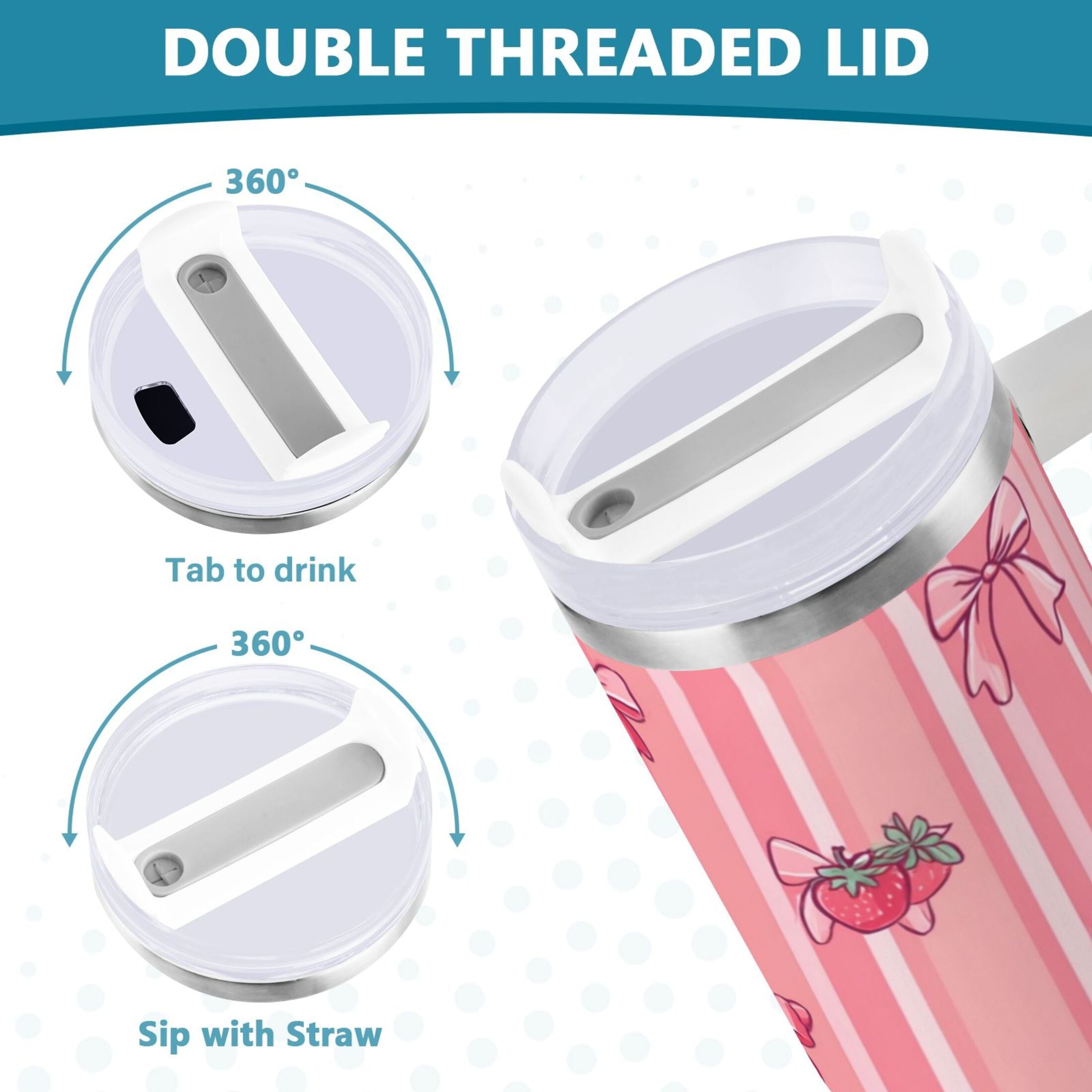30 oz Insulated Stainless Steel Tumbler Double Wall Stainless Steel Tumbler with 2-Way Drinking Pink Bows and Strawberries - 7C3S