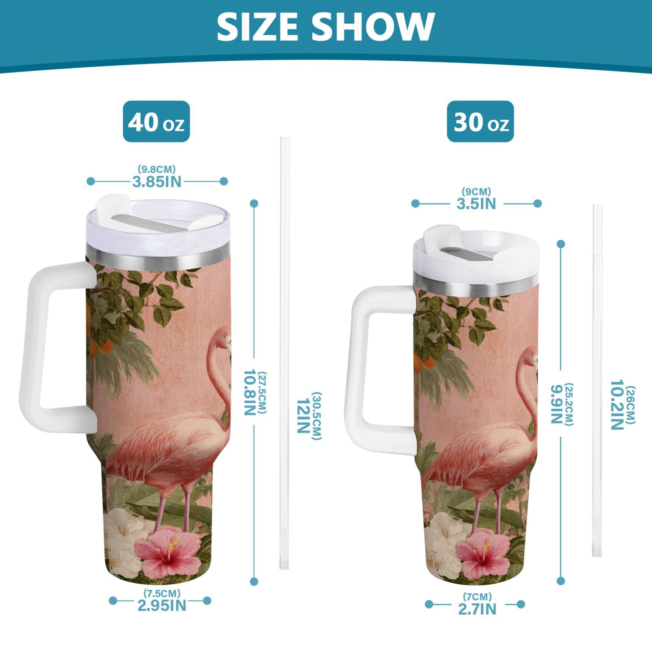 40 oz Insulated Stainless Steel Tumbler Double Wall Stainless Steel Tumbler with 2-Way Drinking Flamingos in Tropical Garden - YBT5