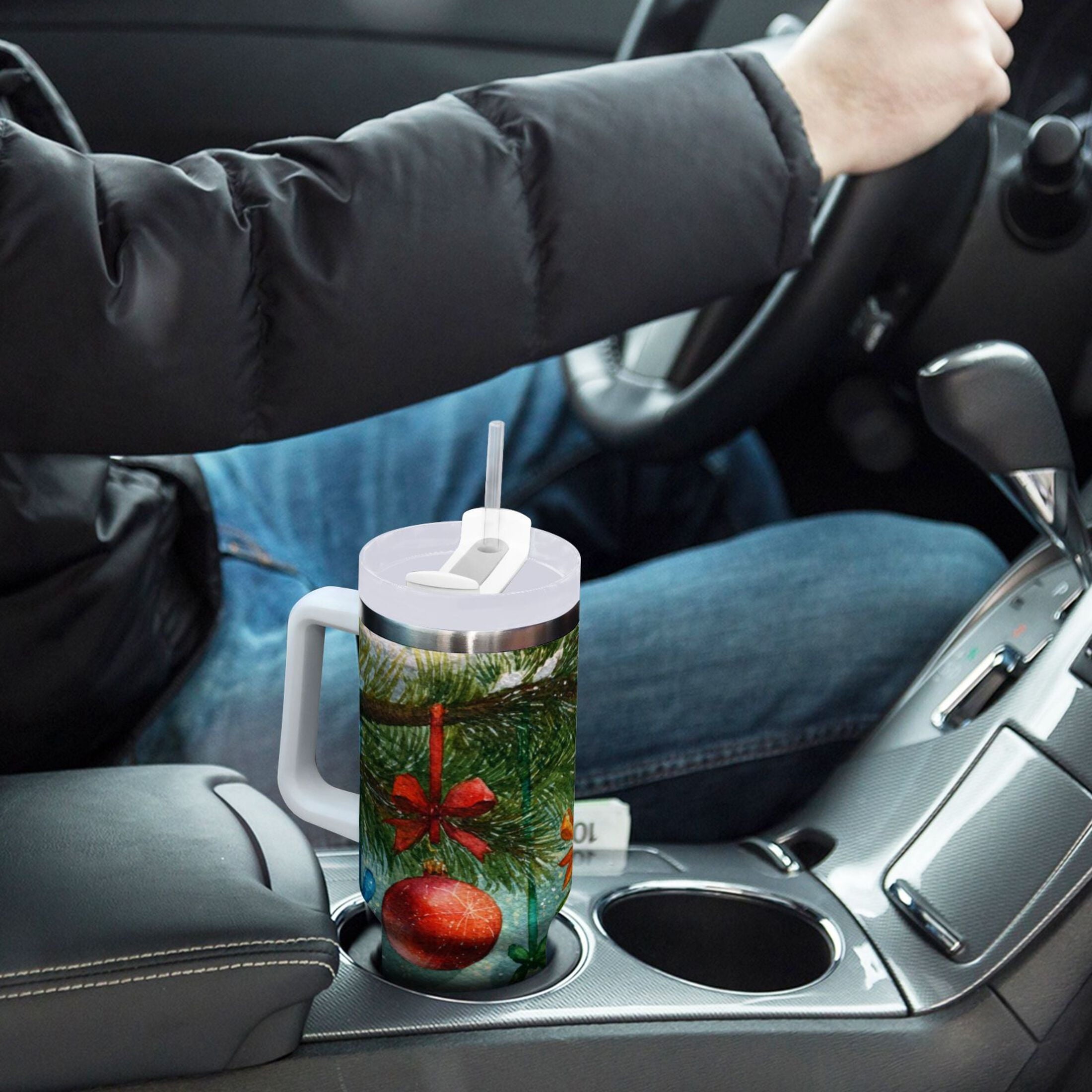 30 oz Insulated Stainless Steel Tumbler Double Wall Stainless Steel Tumbler with 2-Way Drinking Christmas Ornaments Watercolor Painting - D7TJ