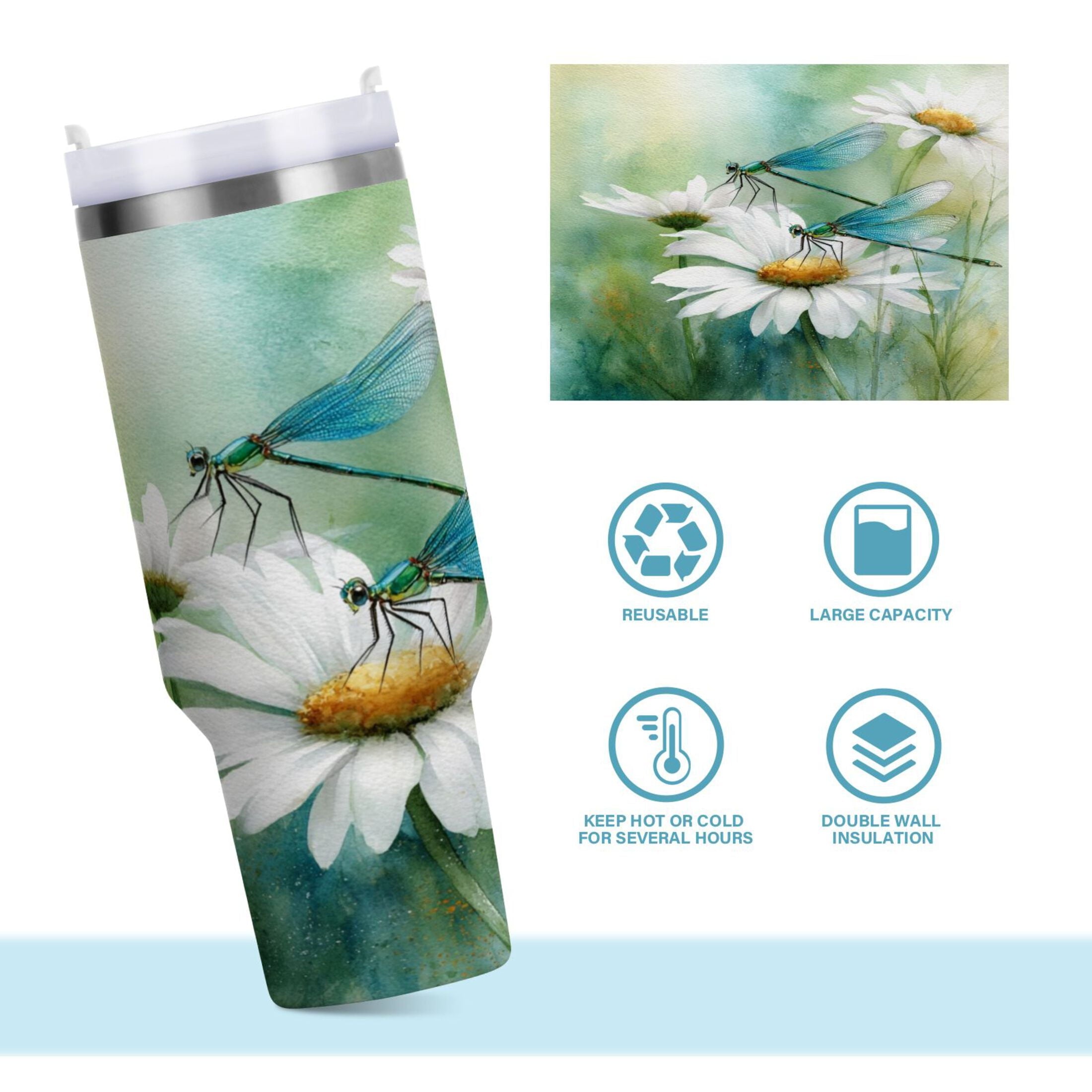 30 oz Insulated Stainless Steel Tumbler Double Wall Stainless Steel Tumbler with 2-Way Drinking Beautiful Dragonflies and Daisies - VZ2H