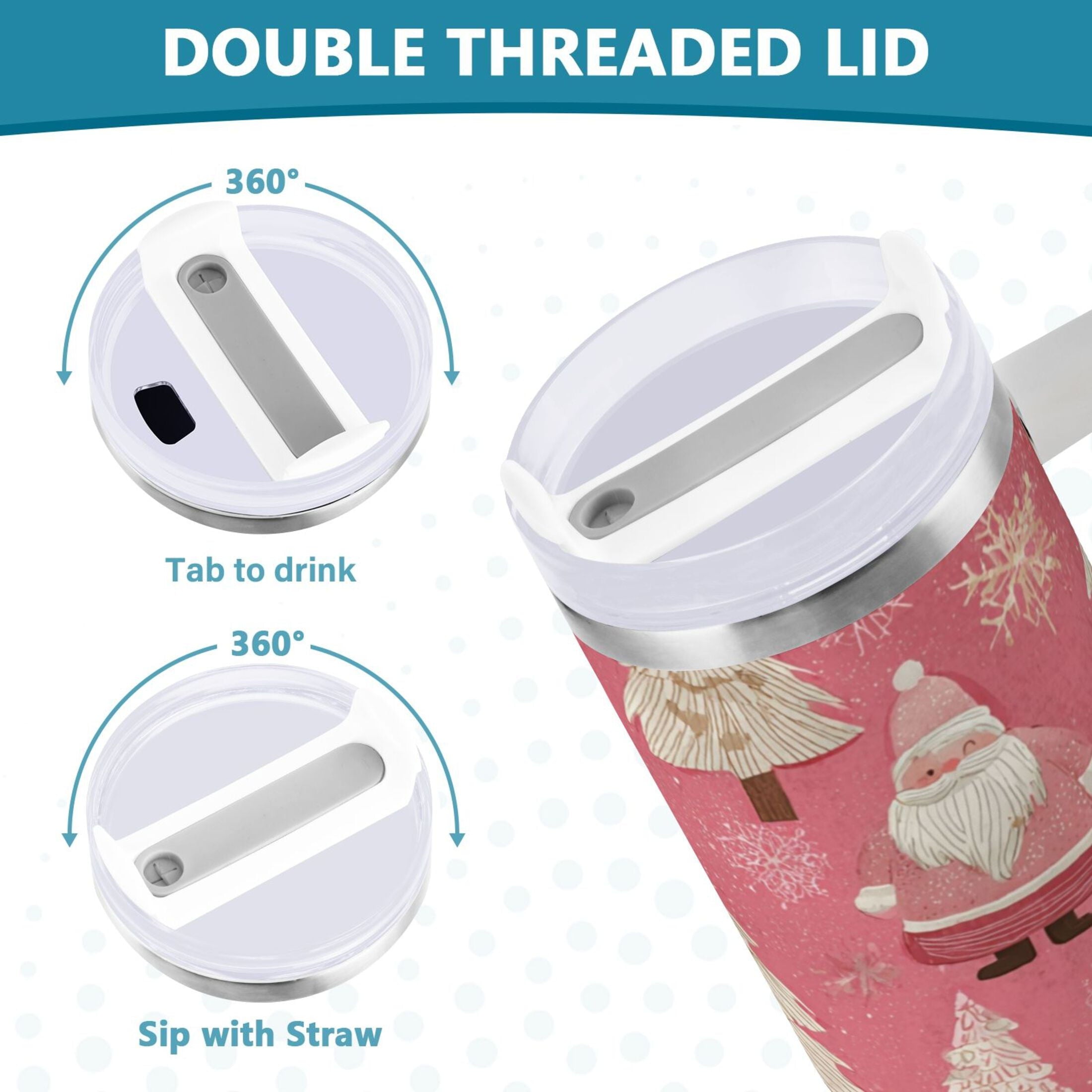 40 oz Insulated Stainless Steel Tumbler Double Wall Stainless Steel Tumbler with 2-Way Drinking Pink Santa Claus Pattern - SZTV