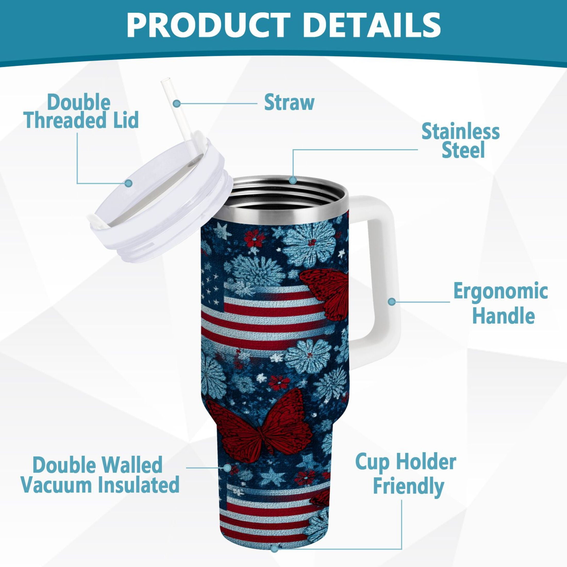 30 oz Insulated Stainless Steel Tumbler Double Wall Stainless Steel Tumbler with 2-Way Drinking Red Butterflies and Flags - Y1GX