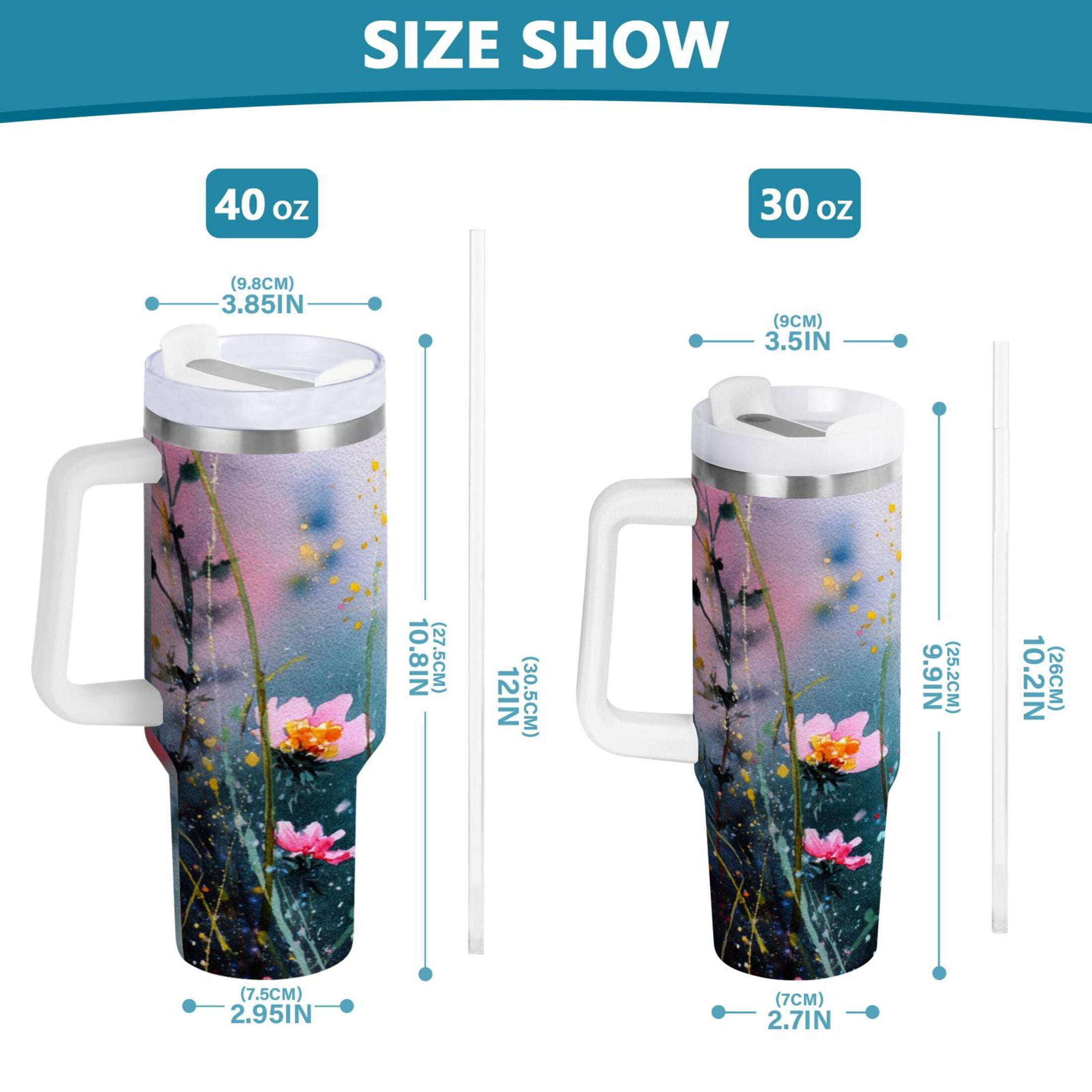 40 oz Insulated Stainless Steel Tumbler Double Wall Stainless Steel Tumbler with 2-Way Drinking Abstract Wildflowers - B83F
