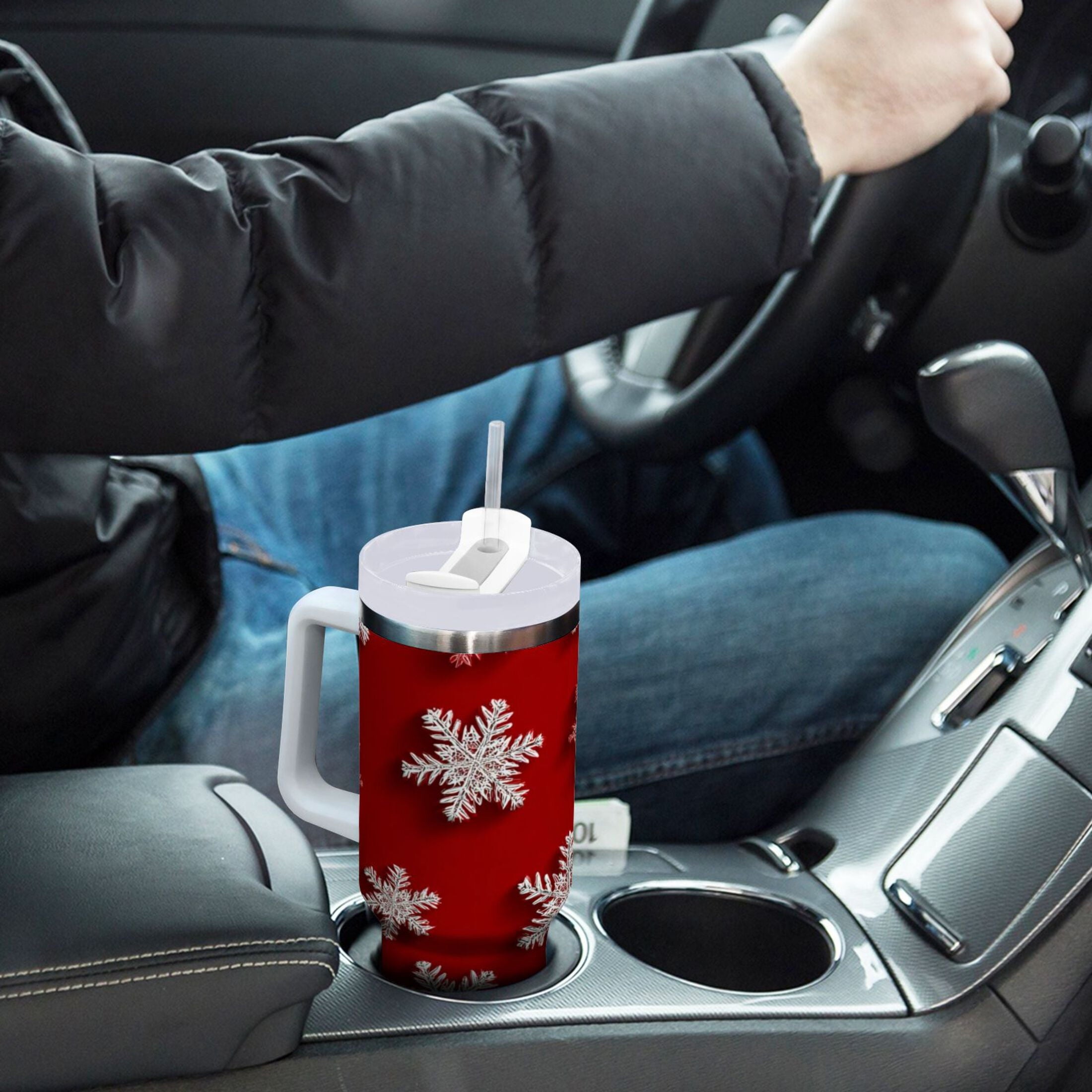 30 oz Insulated Stainless Steel Tumbler Double Wall Stainless Steel Tumbler with 2-Way Drinking Red and White Snowflakes - 1MF9