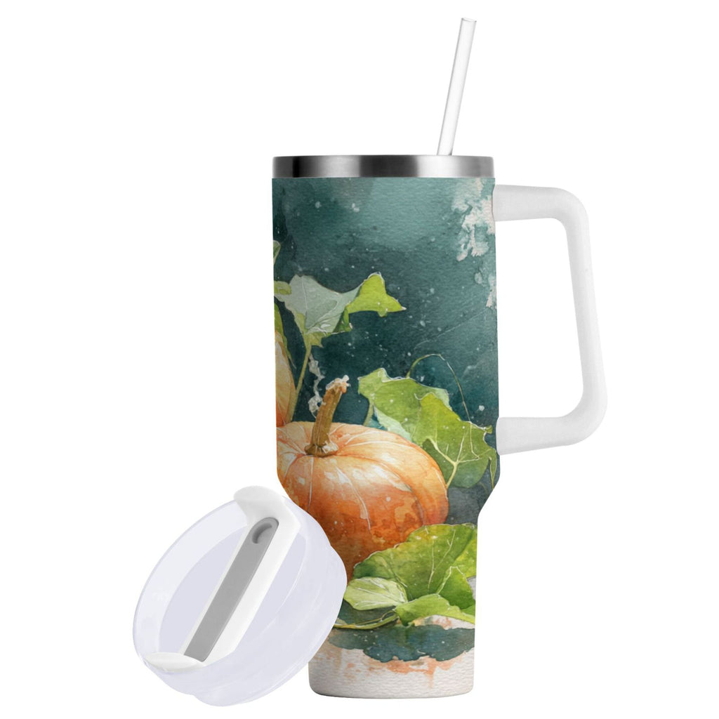 40 oz Insulated Stainless Steel Tumbler Double Wall Stainless Steel Tumbler with 2-Way Drinking Orange and White Pumpkins - 4FTC