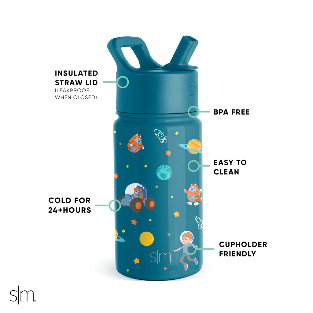 Simple Modern Blippi Kids Water Bottle with Straw Lid | Insulated Stainless Steel Reusable Tumbler for Toddlers, Girls | Summit Collection | 14oz, Blippi Space - D3HW