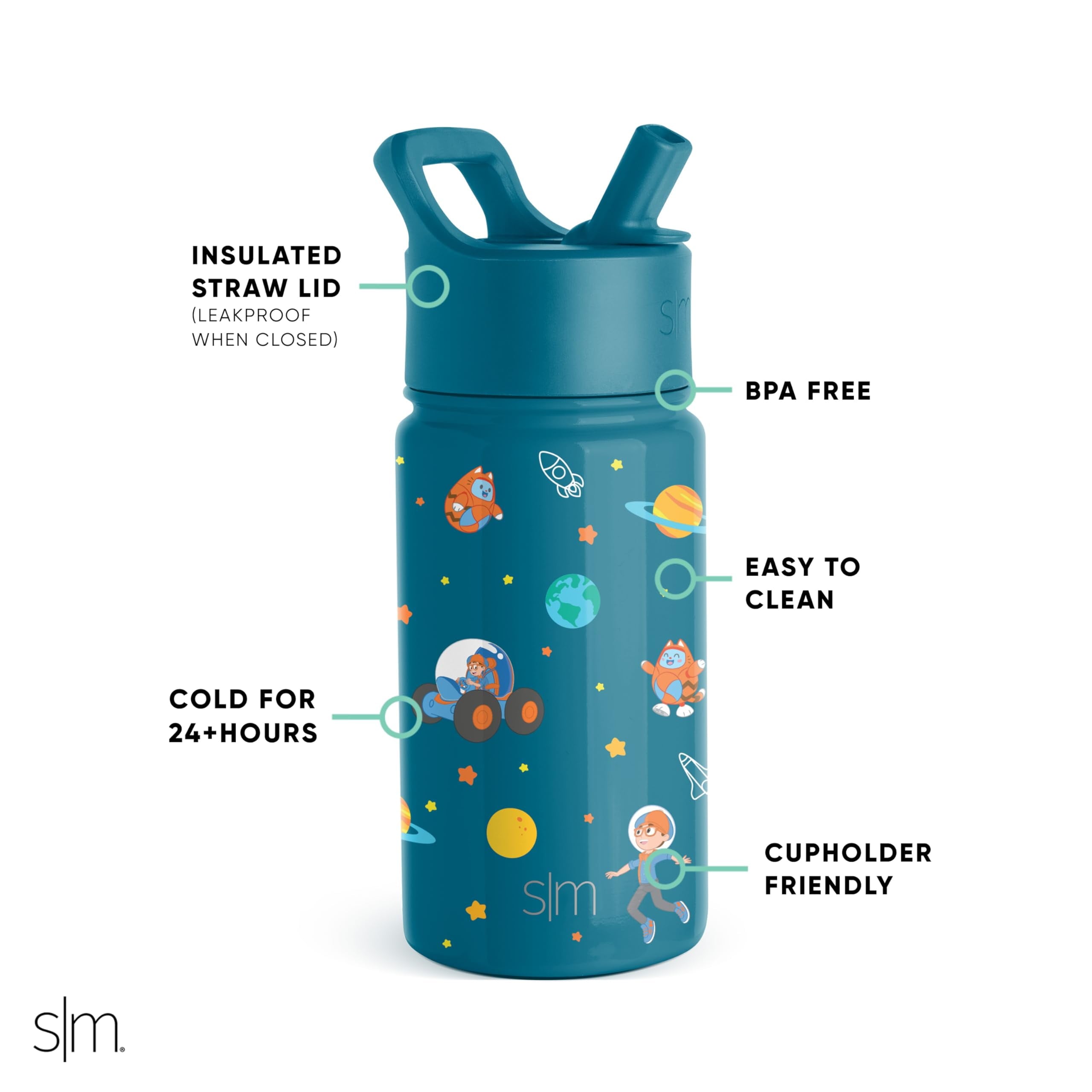 Simple Modern Blippi Kids Water Bottle with Straw Lid | Insulated Stainless Steel Reusable Tumbler for Toddlers, Girls | Summit Collection | 14oz, Blippi Space - D3HW