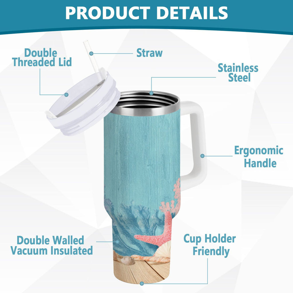 40 oz Insulated Stainless Steel Tumbler Double Wall Stainless Steel Tumbler with 2-Way Drinking Colorful Starfish and Seashells - 4T33