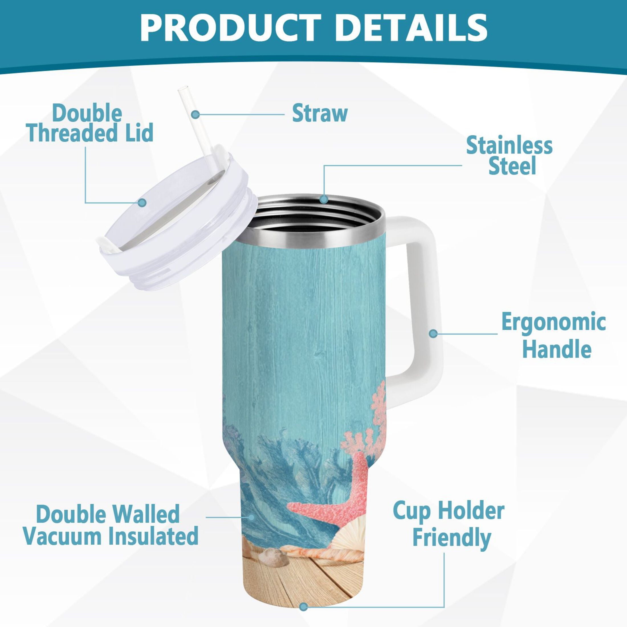 40 oz Insulated Stainless Steel Tumbler Double Wall Stainless Steel Tumbler with 2-Way Drinking Colorful Starfish and Seashells - 4T33