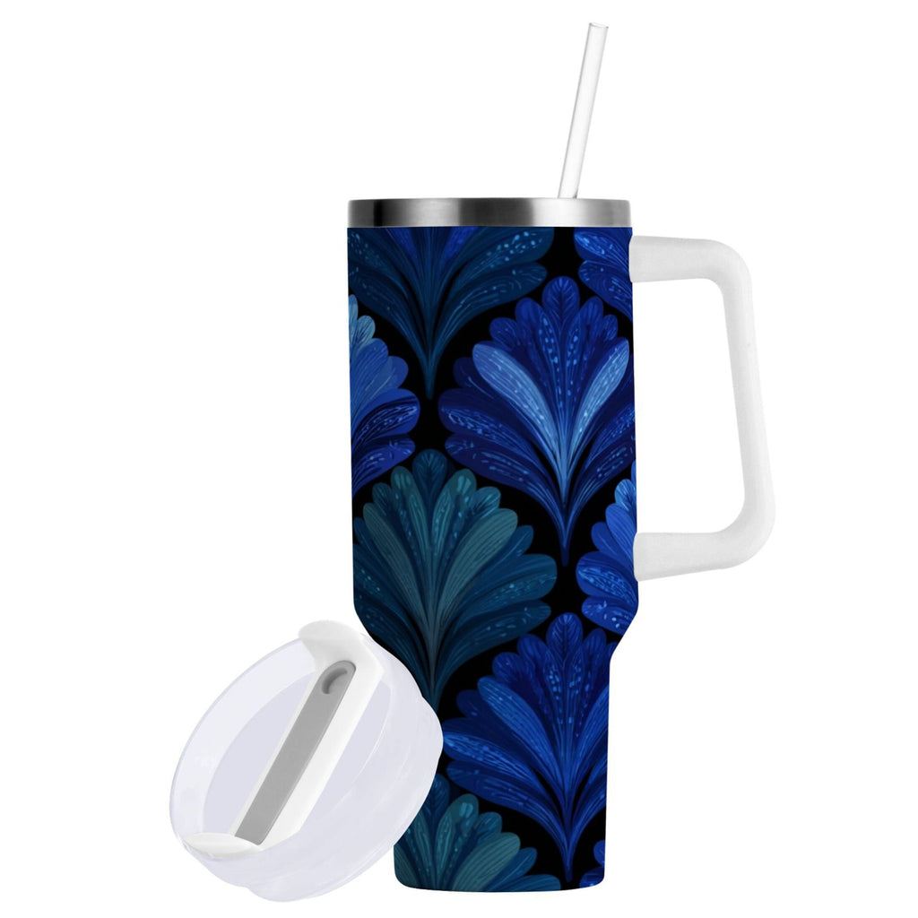 30 oz Insulated Stainless Steel Tumbler Double Wall Stainless Steel Tumbler with 2-Way Drinking Blue Batik Leaves Pattern - HXC9