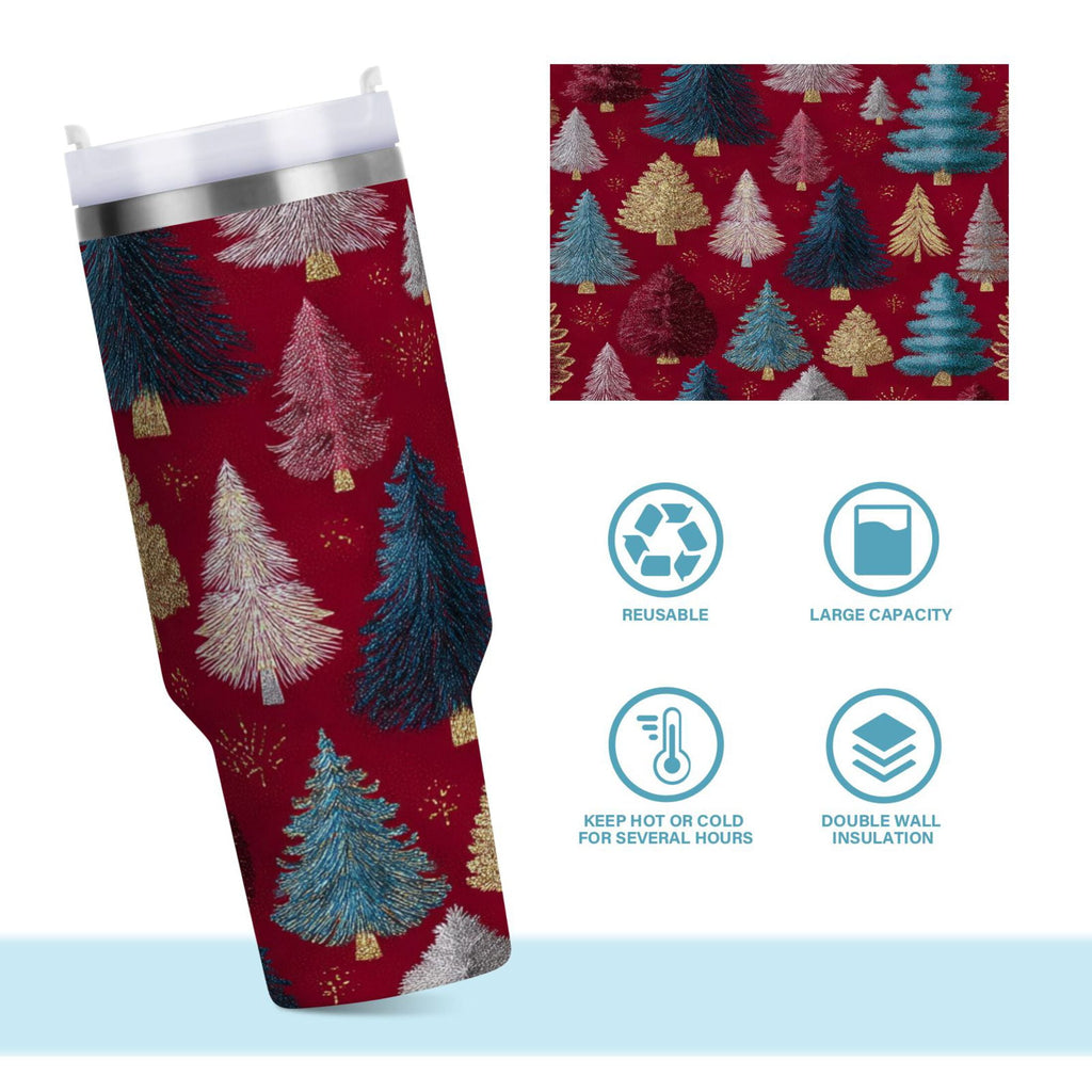 30 oz Insulated Stainless Steel Tumbler Double Wall Stainless Steel Tumbler with 2-Way Drinking Stylized Christmas Trees - 52F6