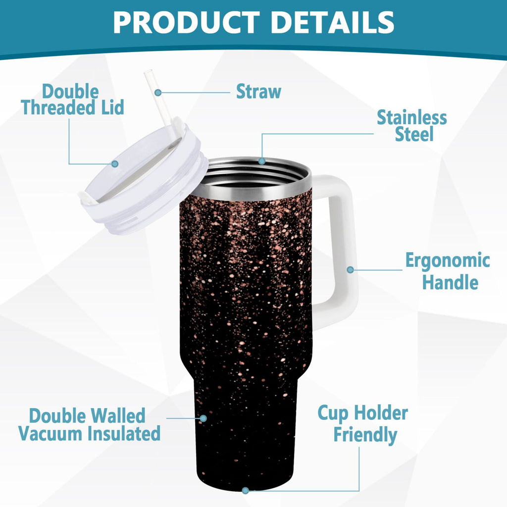 40 oz Insulated Stainless Steel Tumbler Double Wall Stainless Steel Tumbler with 2-Way Drinking Rose Gold Glitter - FCXO