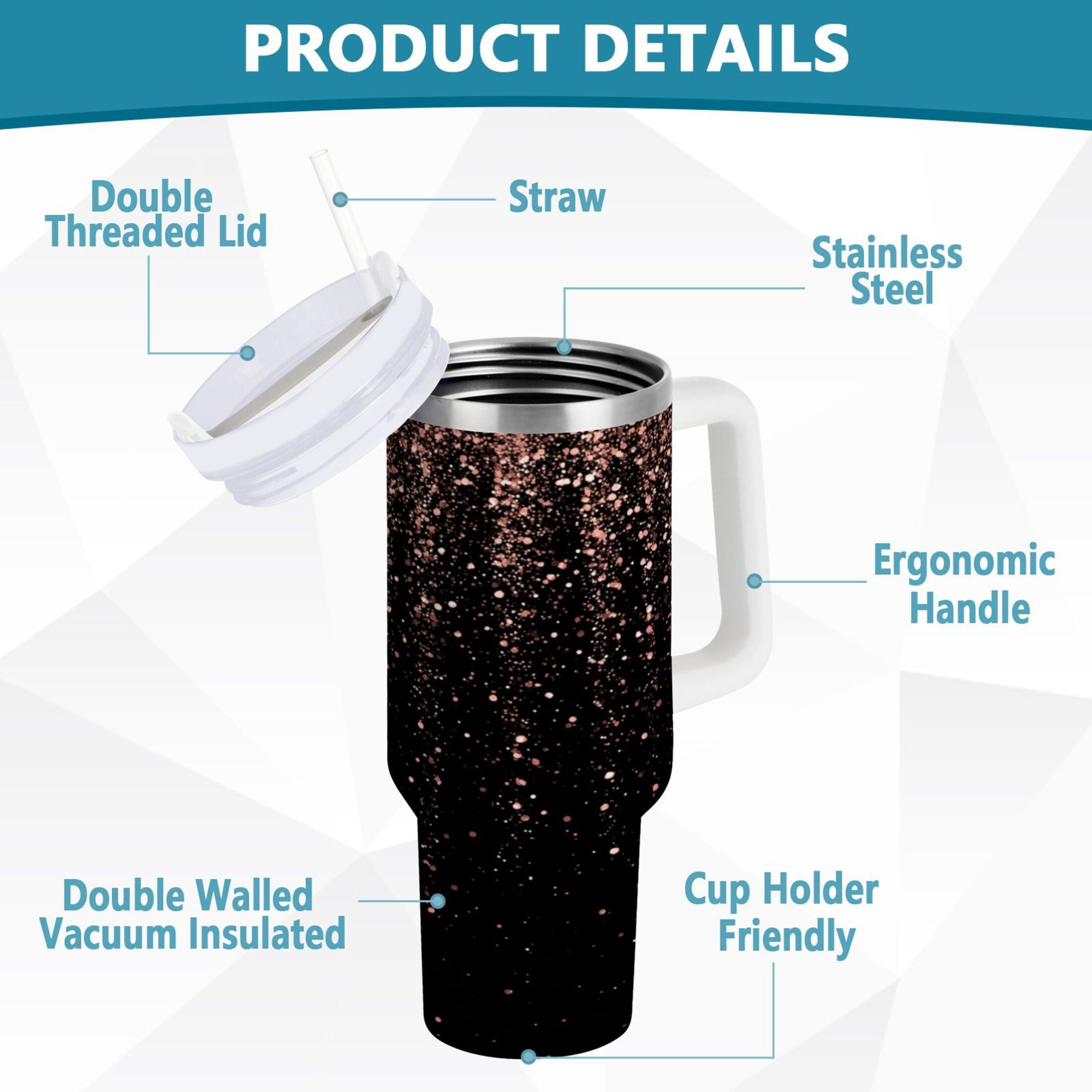 40 oz Insulated Stainless Steel Tumbler Double Wall Stainless Steel Tumbler with 2-Way Drinking Rose Gold Glitter - FCXO