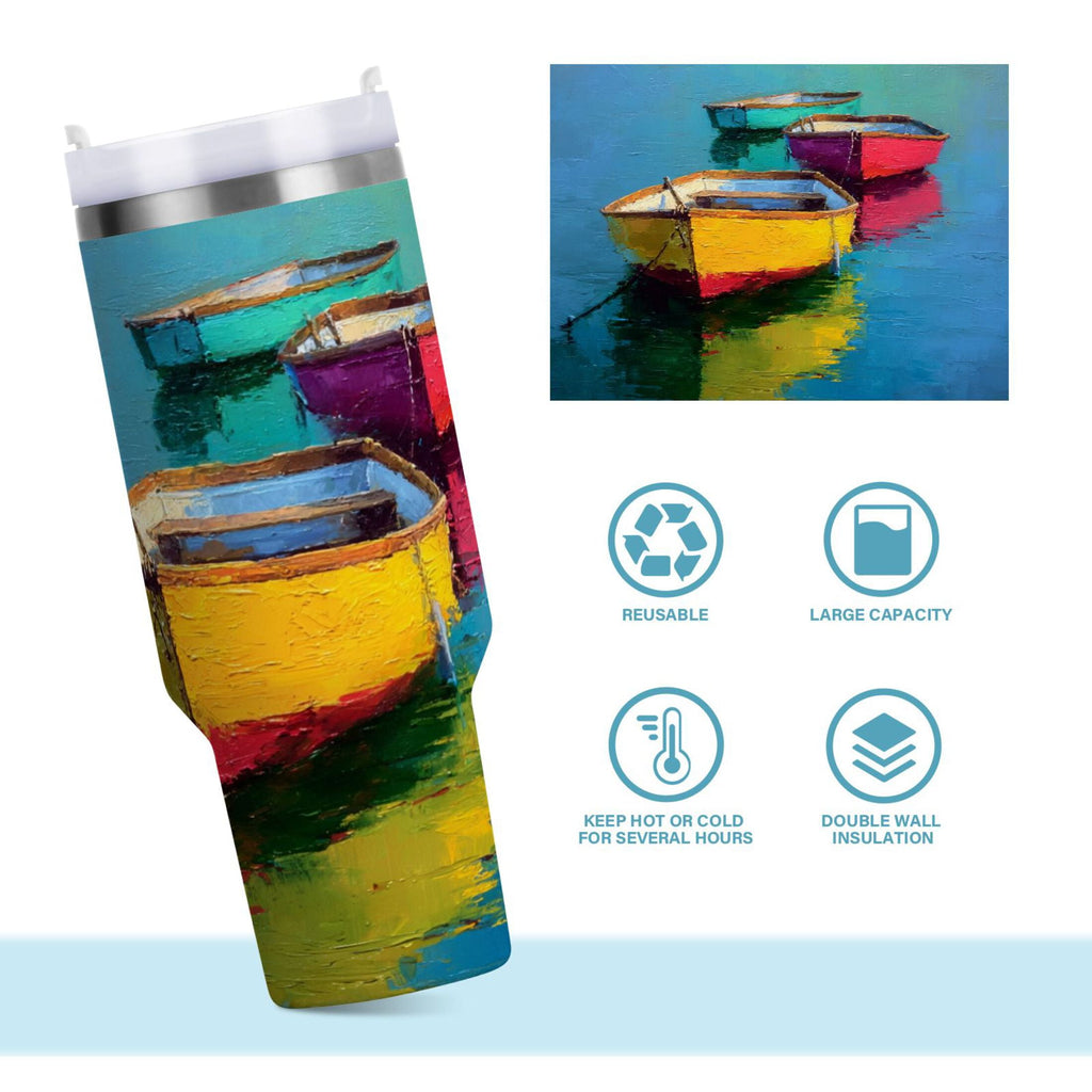 30 oz Insulated Stainless Steel Tumbler Double Wall Stainless Steel Tumbler with 2-Way Drinking Colorful Row Boats - J51Q